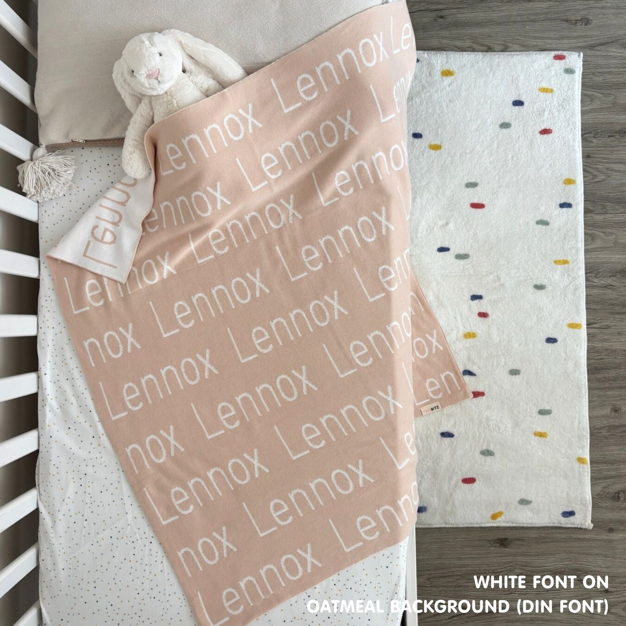 TinyBitz Personalized name blanket in oatmeal and white, perfect gift for newborn babies.