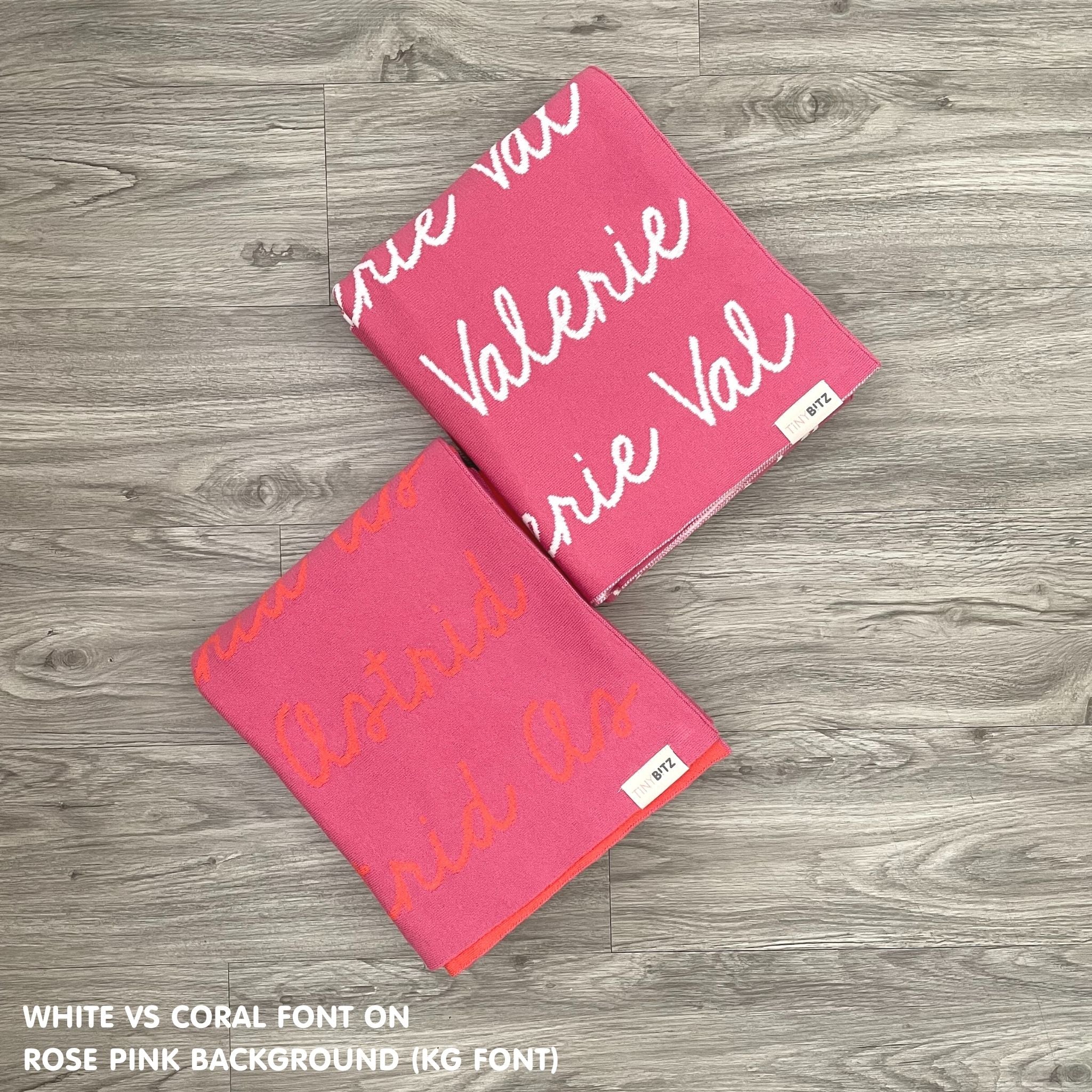 TinyBitz knitted name blanket in rose pink background can be used to decorate your baby's room!