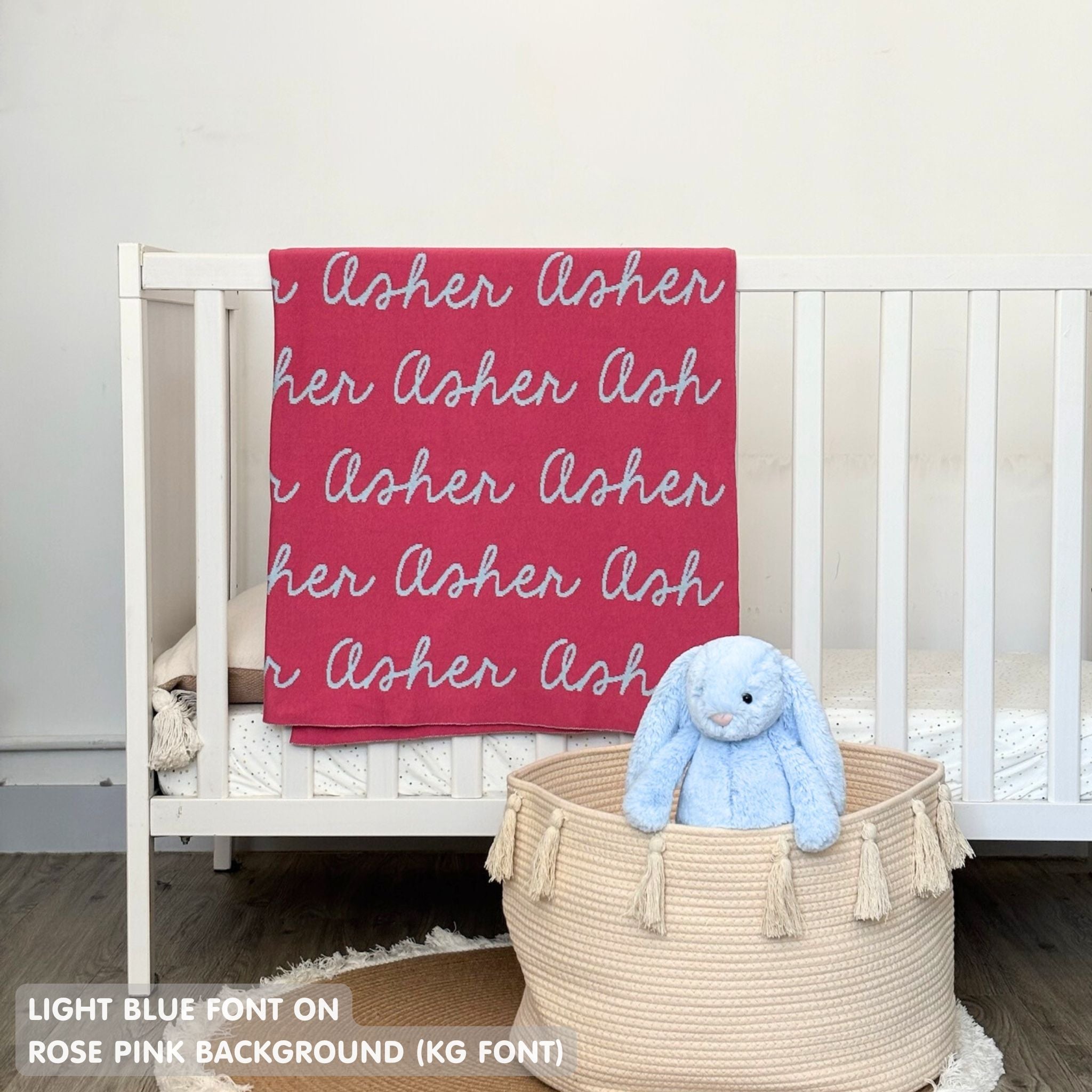 TinyBitz Personalized name blanket in rose pink and light blue, perfect gift for newborn babies.