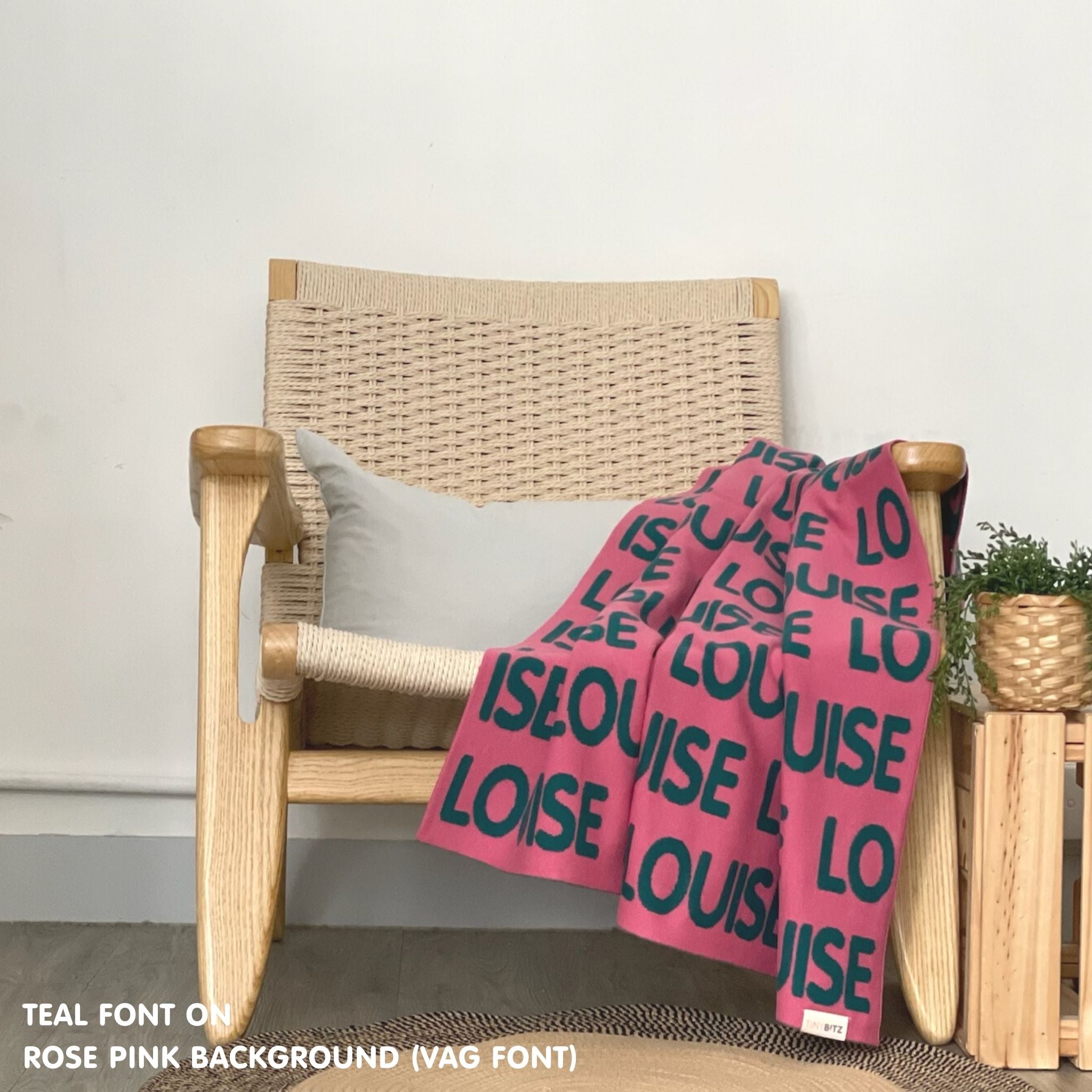 TinyBitz Personalized blanket for baby girsl knitted from cotton in rose pink and teal.