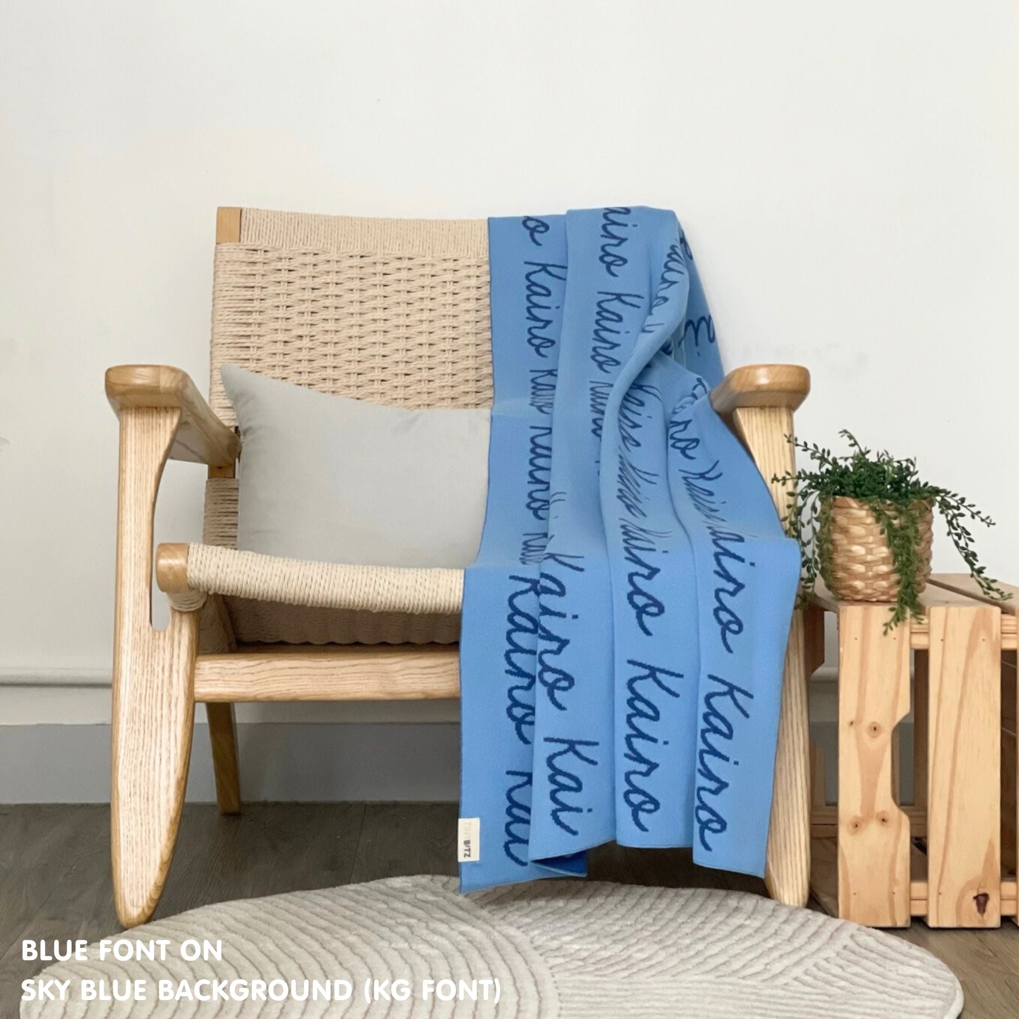 Custom cotton blanket as a gift for her, knitted in sky blue and blue by TinyBitz.