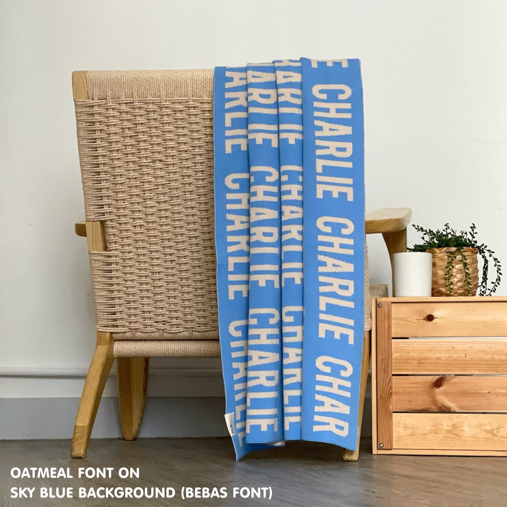 TinyBitz knitted cotton blanket in sky blue and oatmeal, personalised with your own name!