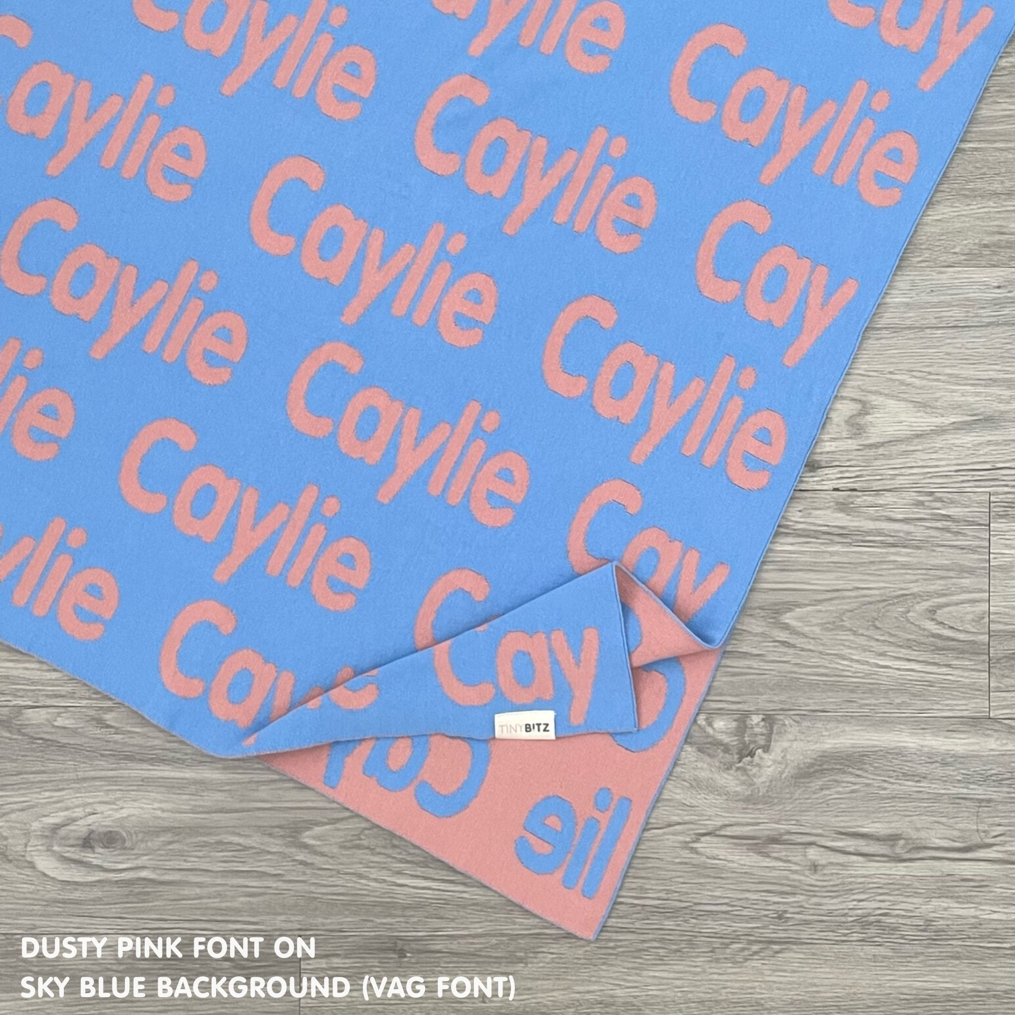 TinyBitz knitted cotton blanket in sky blue and dusty pink, personalised with your own name!
