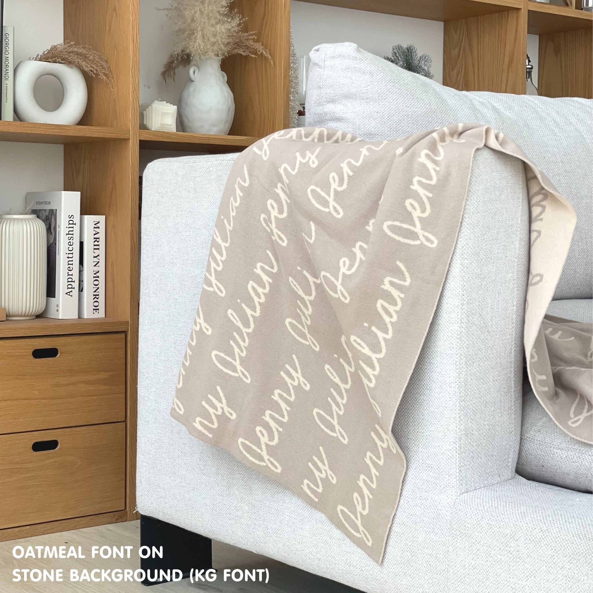Customisable sofa/bed throw and blanket with your own name knitted in stone and oatmeal, made by TinyBitz!