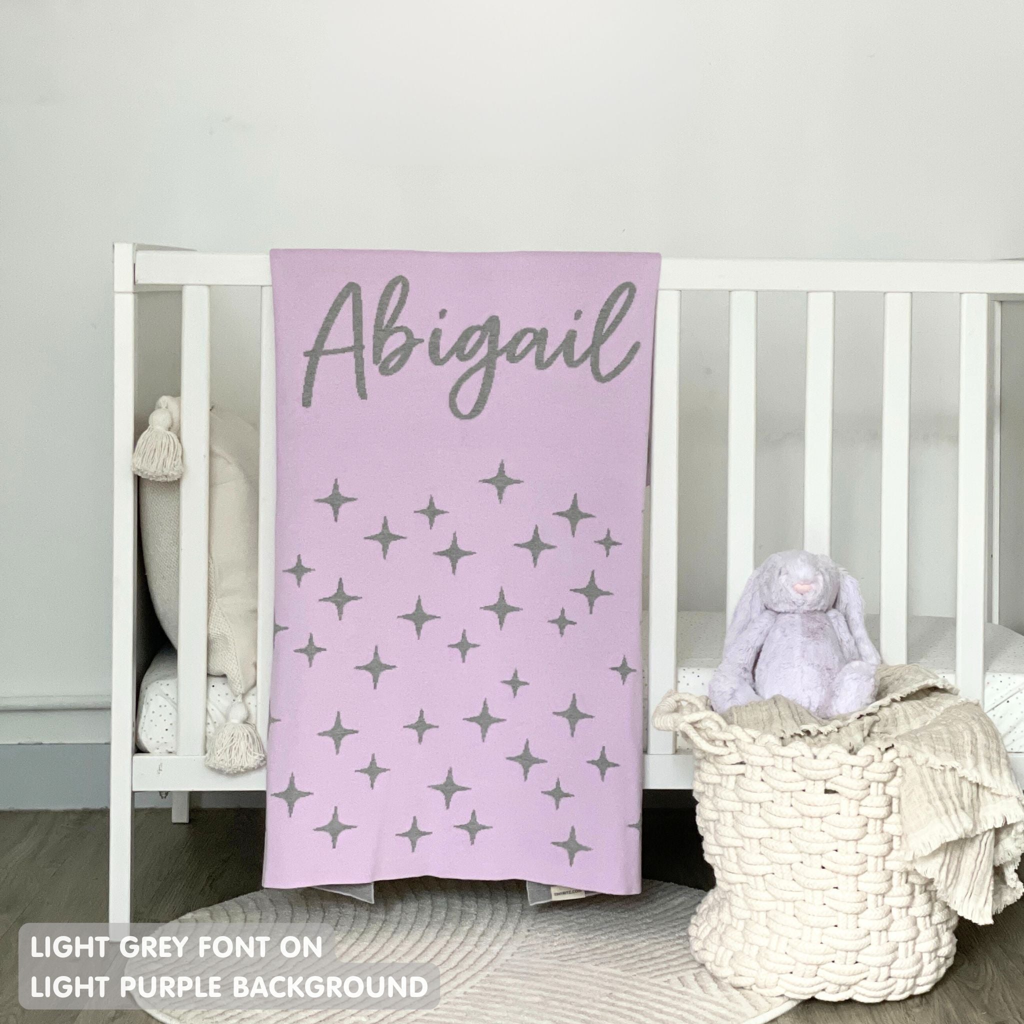 TinyBitz personalized name blanket in light purple and light grey with a twinkles pattern, perfect gift for newborn babies and kids.