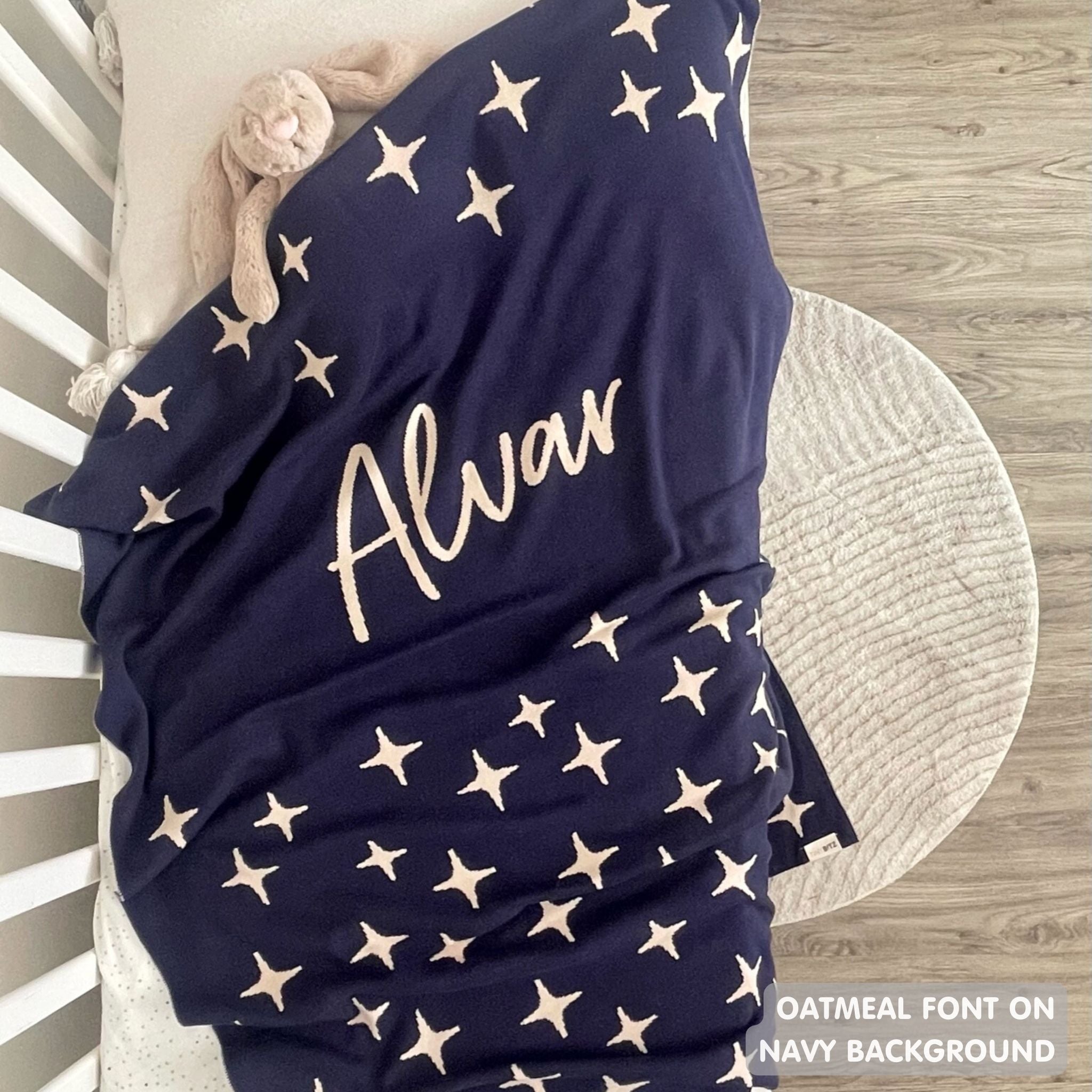 TinyBitz personalized kids knitted name blanket in navy with a twinkles pattern, perfect gift for birthdays!
