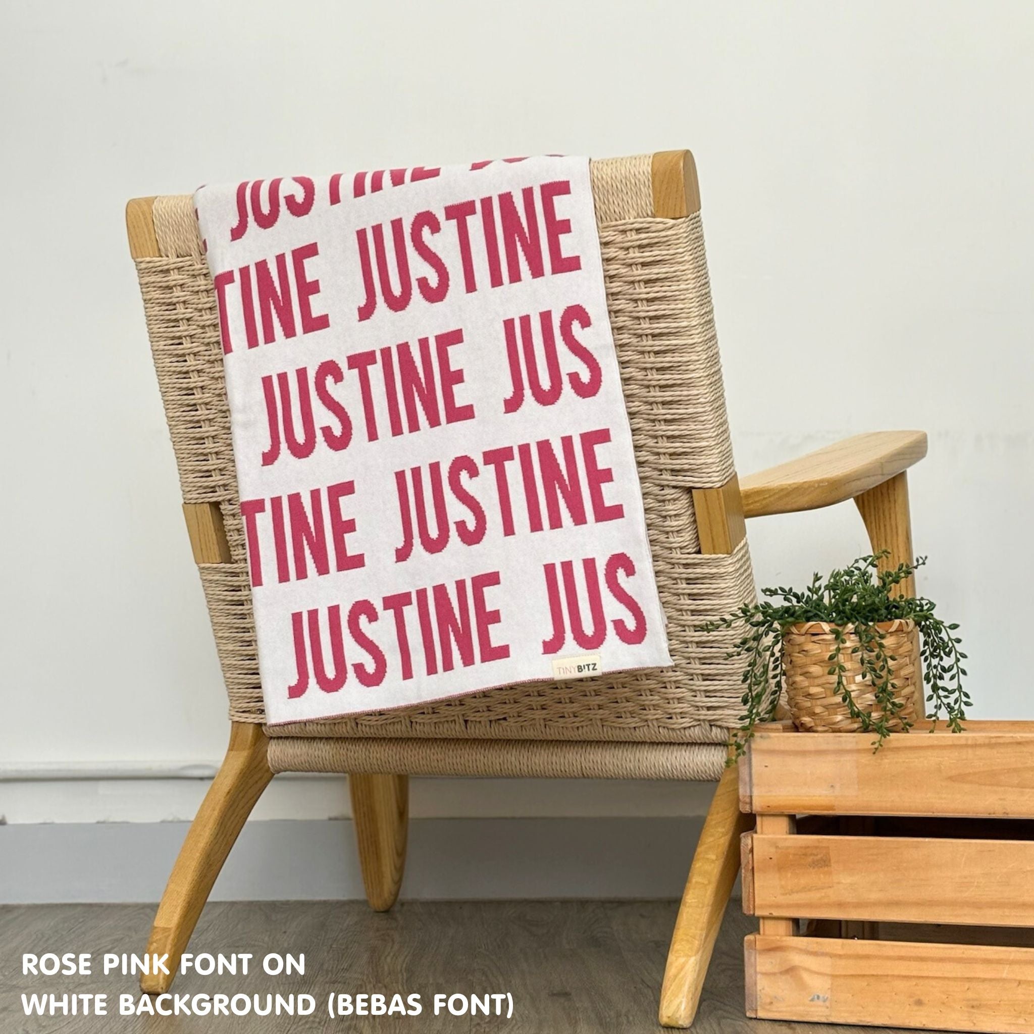 Custom cotton blanket as a gift for her, knitted in white and rose pink by TinyBitz.