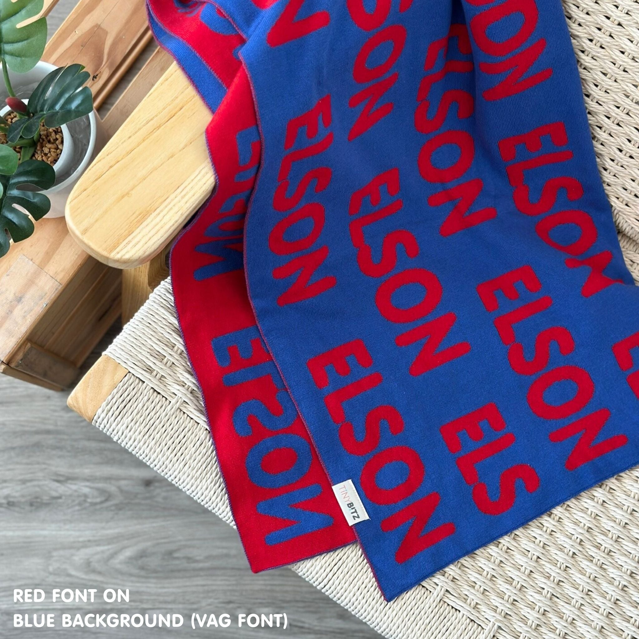 TinyBitz Personalized kids knitted name blanket in blue and red, perfect as a birthday gifts for kids!