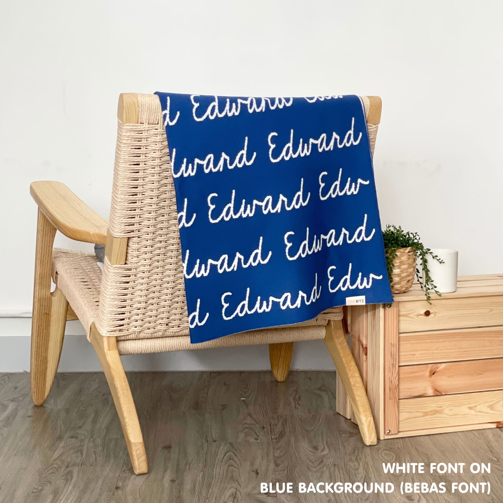 TinyBitz Personalized kids blanket in blue and white, a keepsake gift for your child.