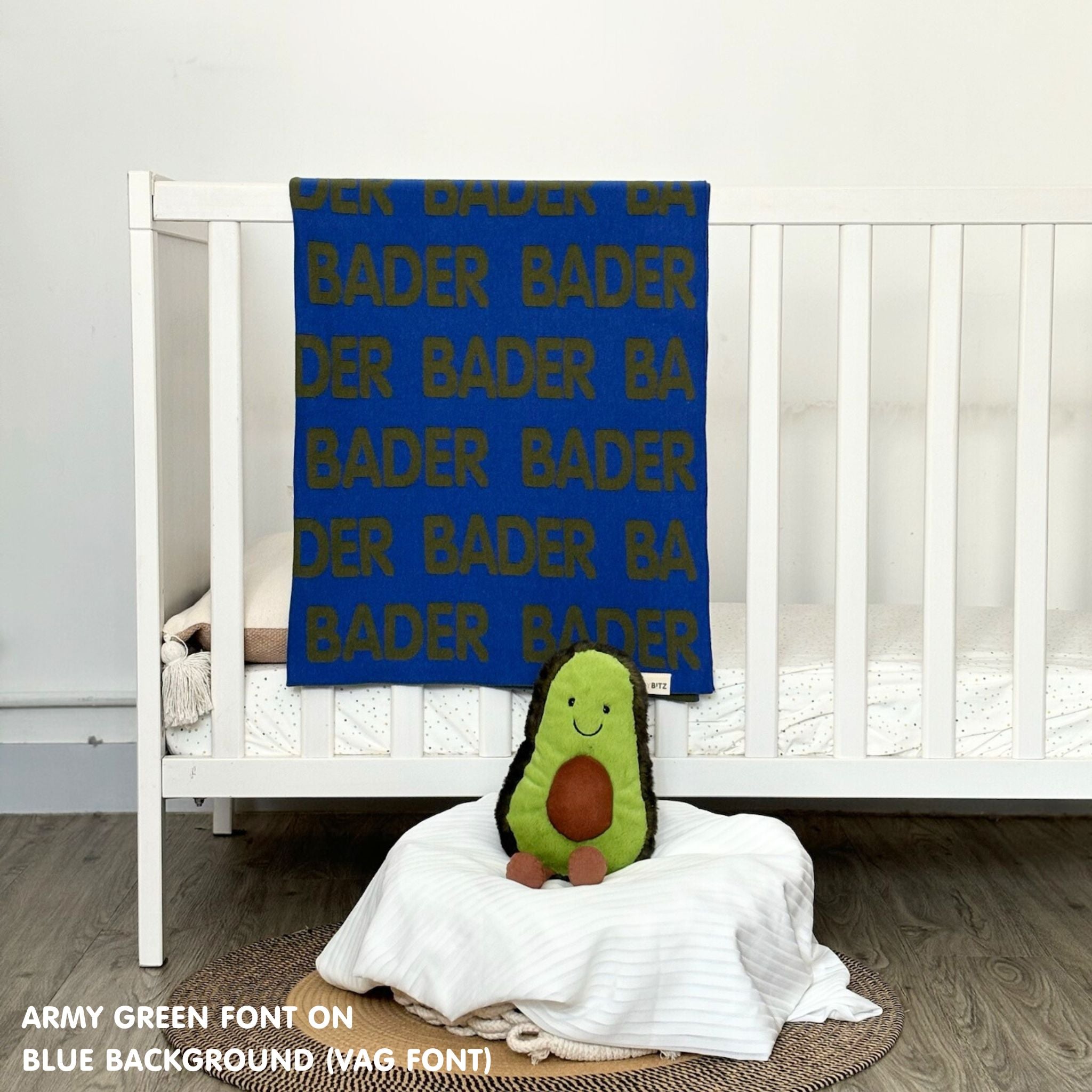 TinyBitz Personalized kids knitted name blanket in blue and army green, perfect as a birthday gifts for kids!