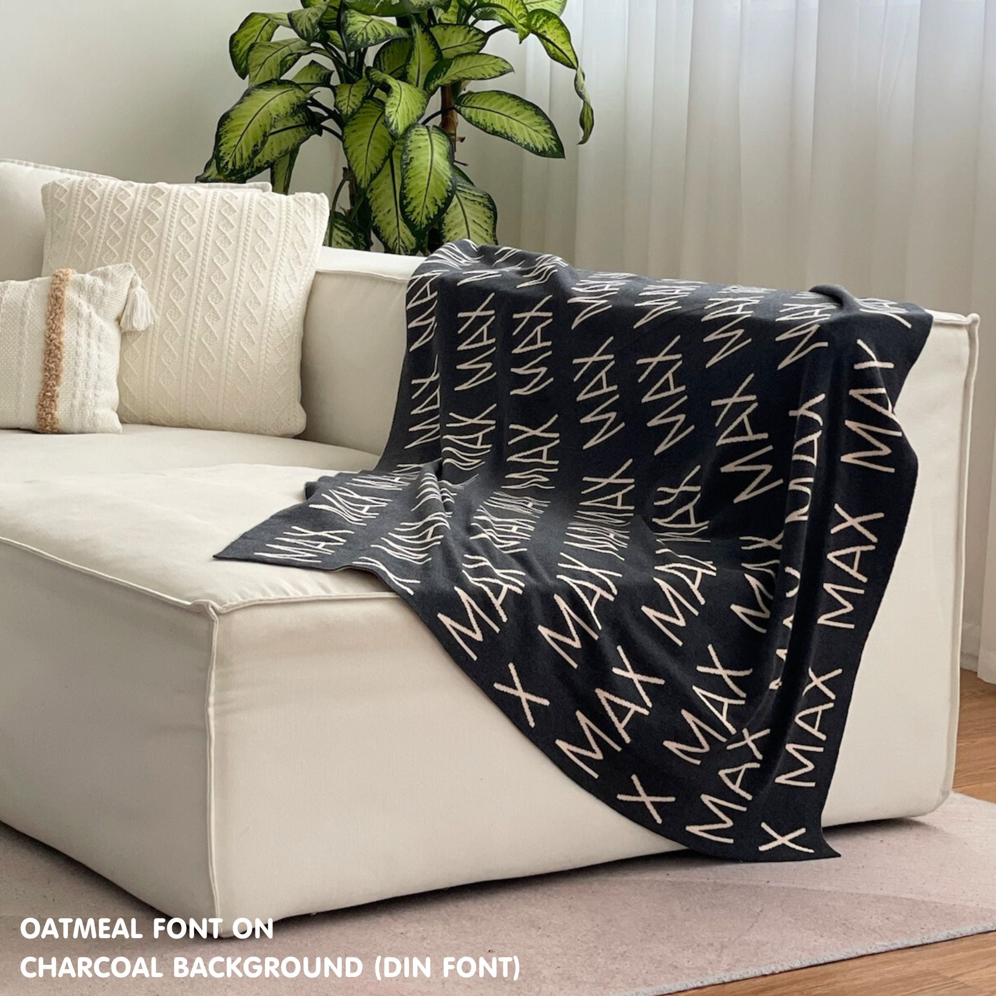 TinyBitz Kids Blanket in charcoal and oatmeal, personalized with child's name and made from 100% cotton.