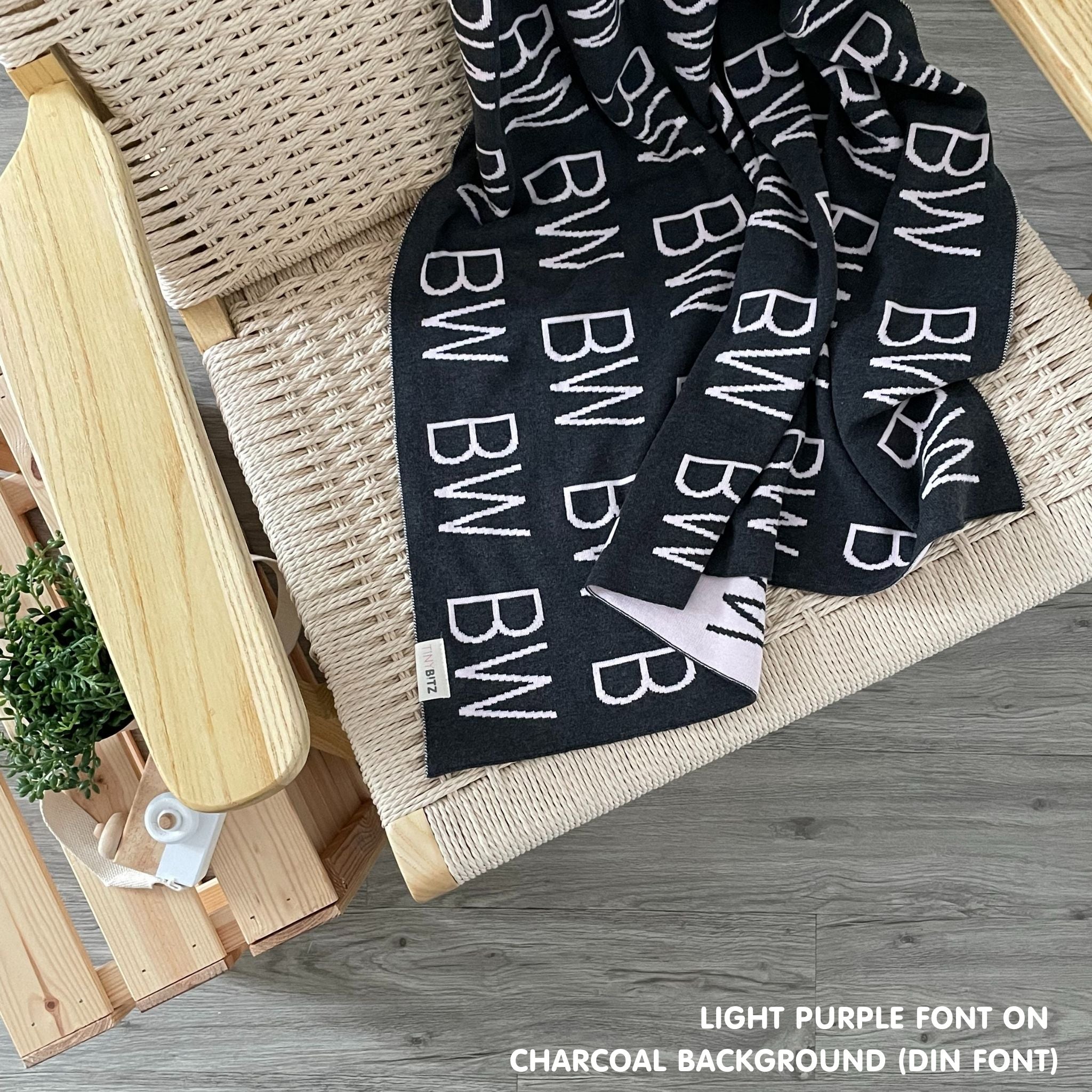 Custom cotton blanket for boys in charcoal and light purple, personalized by TinyBitz.