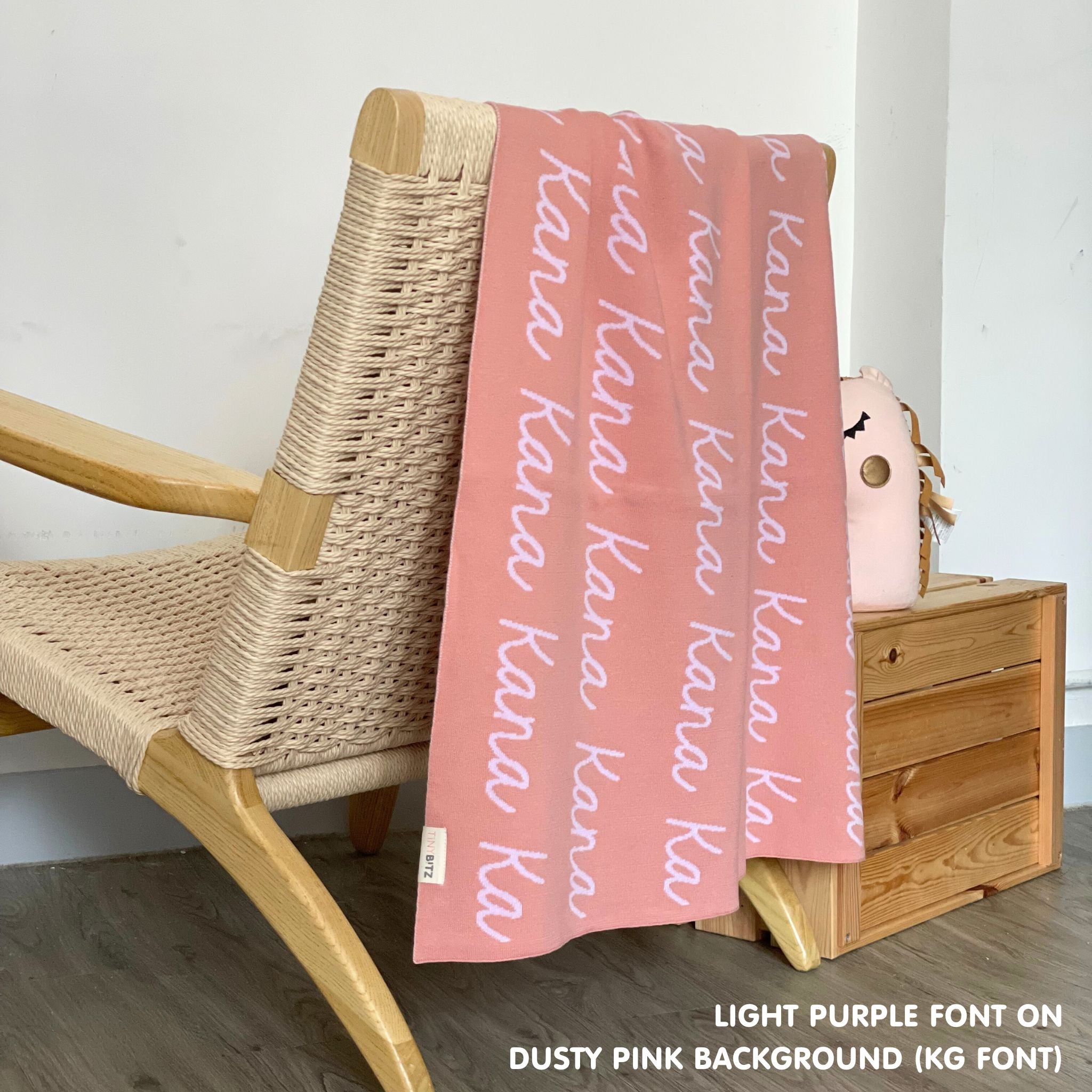 TinyBitz personalized girls knitted name blanket in dusty pink and light purple, perfect gift for birthdays and special occasions!