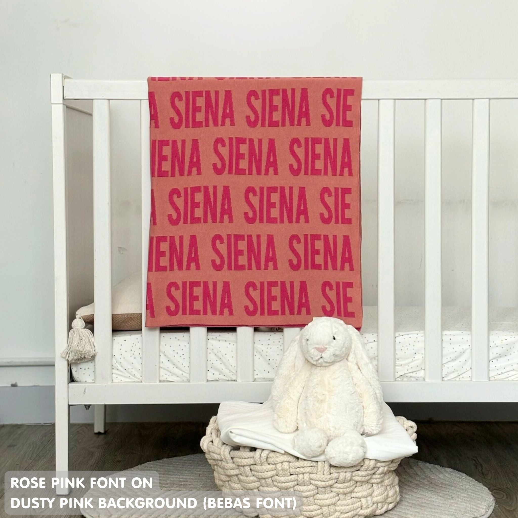 Knitted Children blanket in dusty pink and rose pink, customised with kid's name, made by TinyBitz.