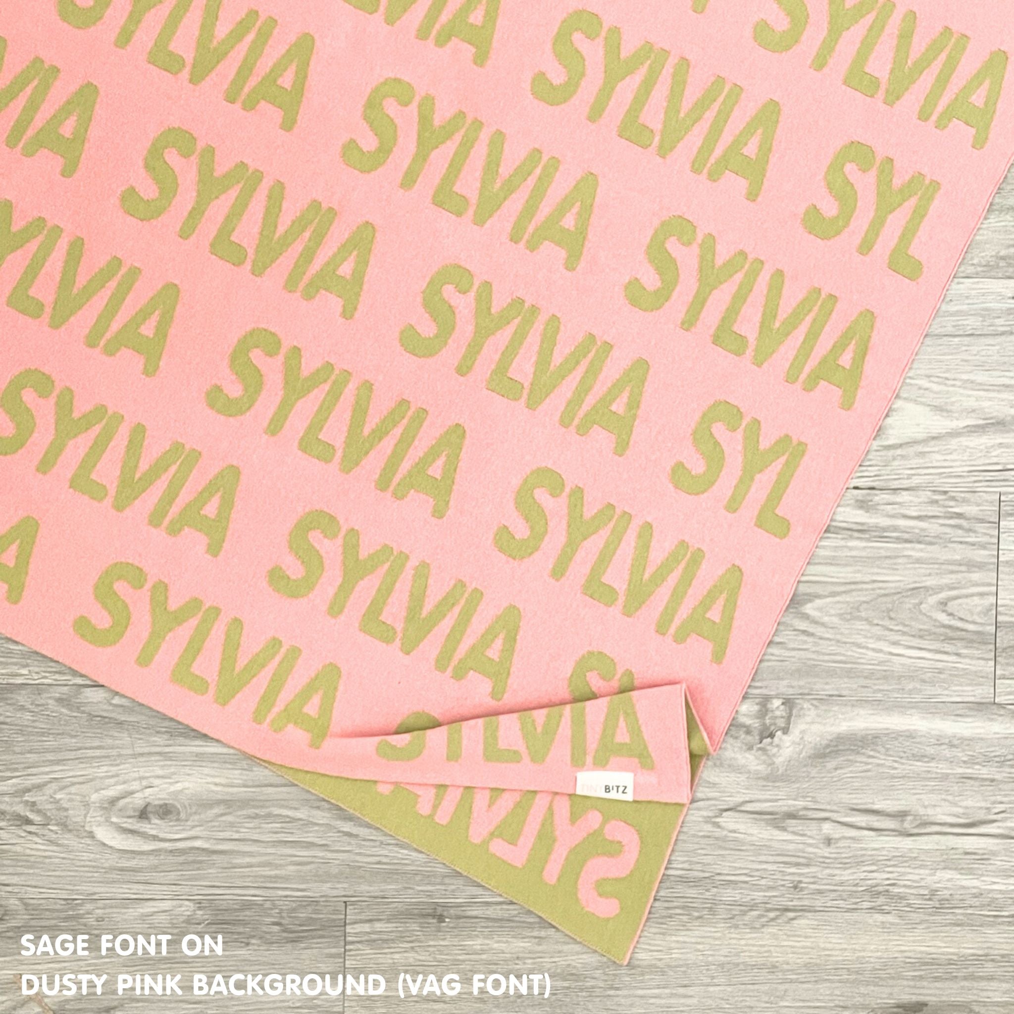 TinyBitz Personalized kids blanket in dusty pink and sage, a keepsake gift for your child.