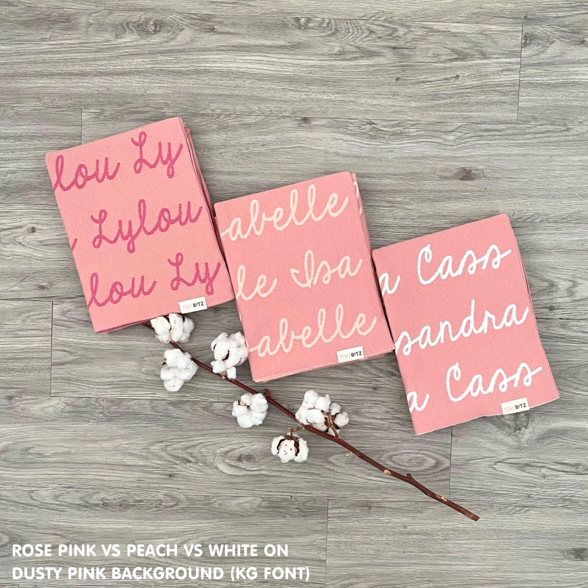 Custom cotton blanket for girls in dusty pink background, personalized by TinyBitz.