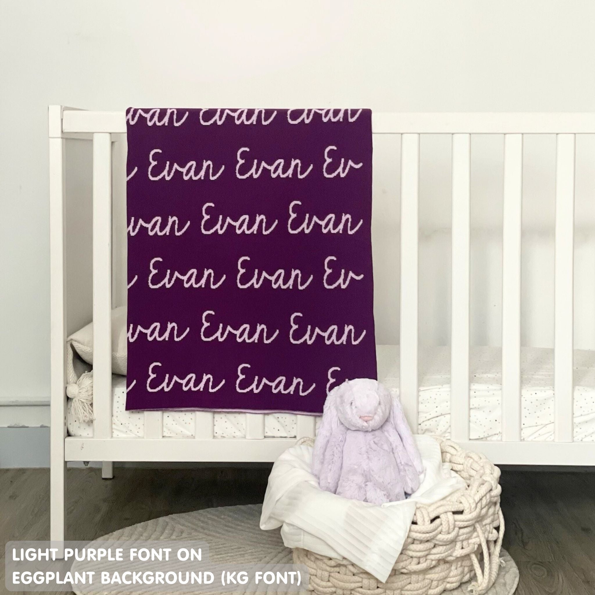 Knitted Children blanket in eggplant and light purple, customised with kid's name, made by TinyBitz.