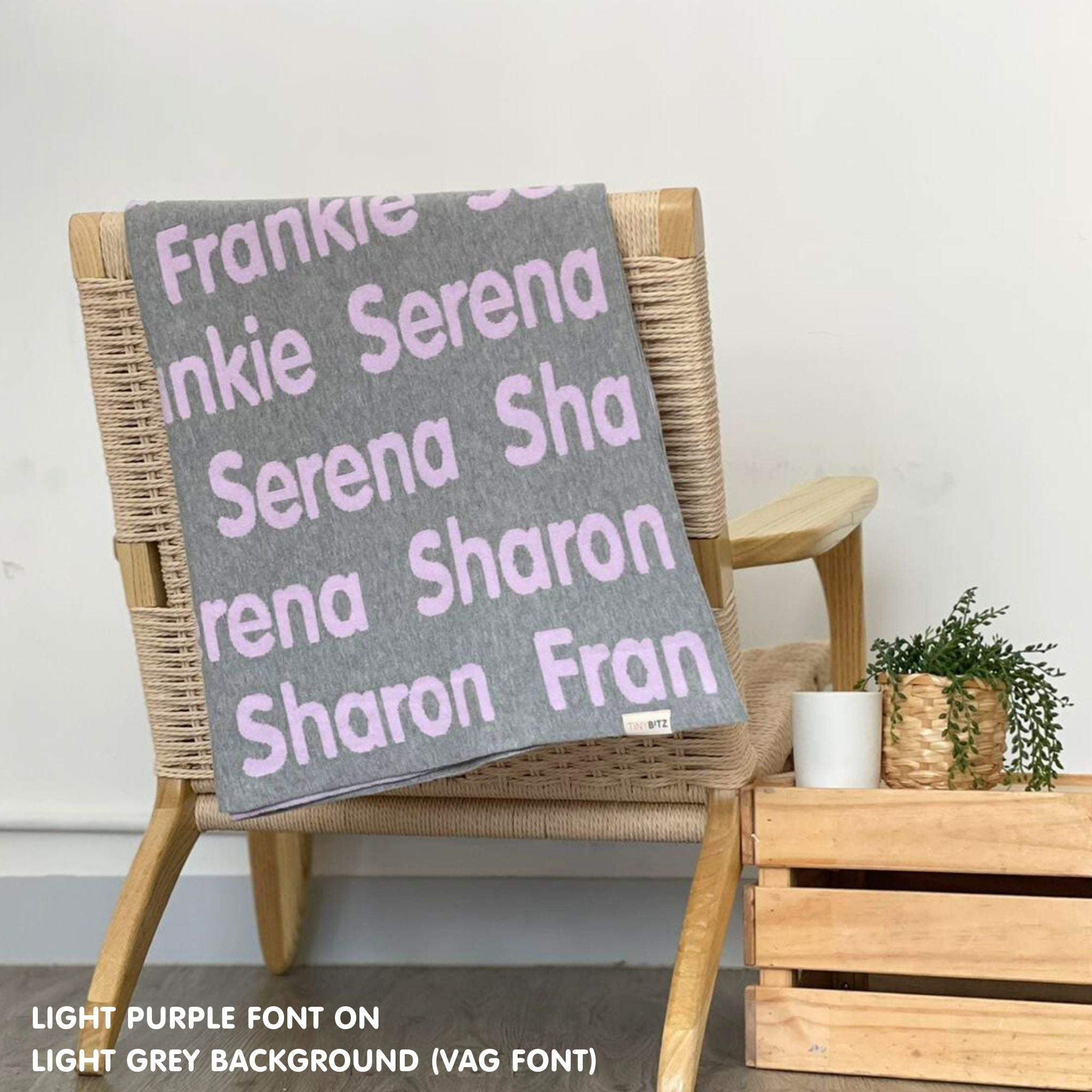 TinyBitz Personalized kids knitted name blanket in light grey and light purple, perfect as a birthday gifts for kids!