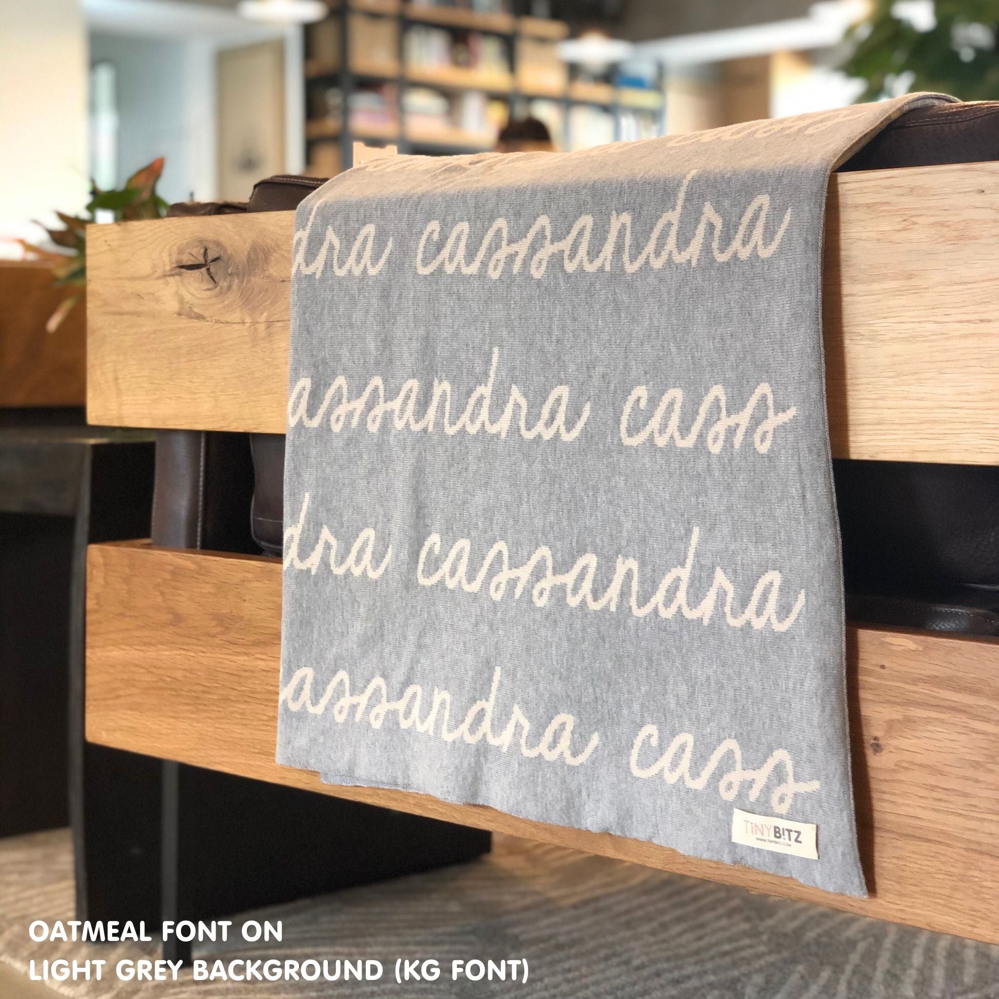 Cotton Kids Blanket with name knitted in light grey and oatmeal, made by TinyBitz.