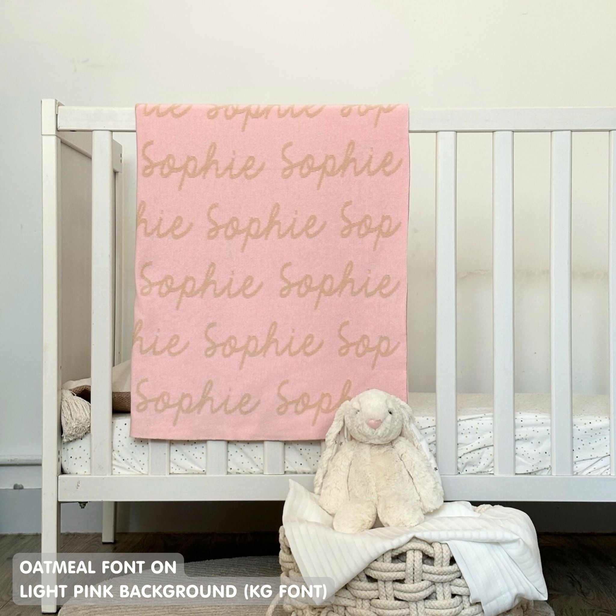 TinyBitz personalized girls knitted name blanket in light pink, perfect gift for birthdays and special occasions!