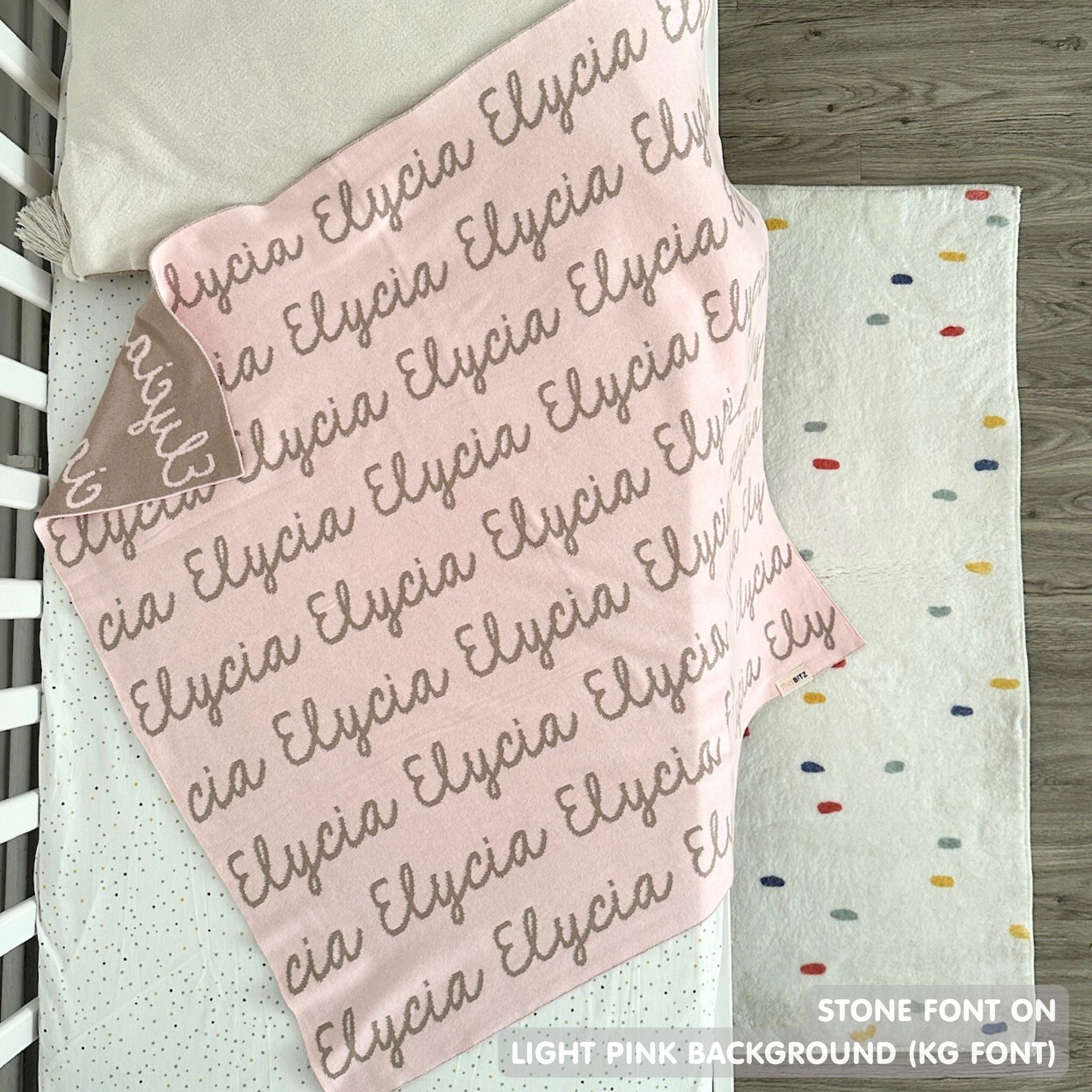 Custom cotton blanket for girls in light pink and stone, personalized by TinyBitz.