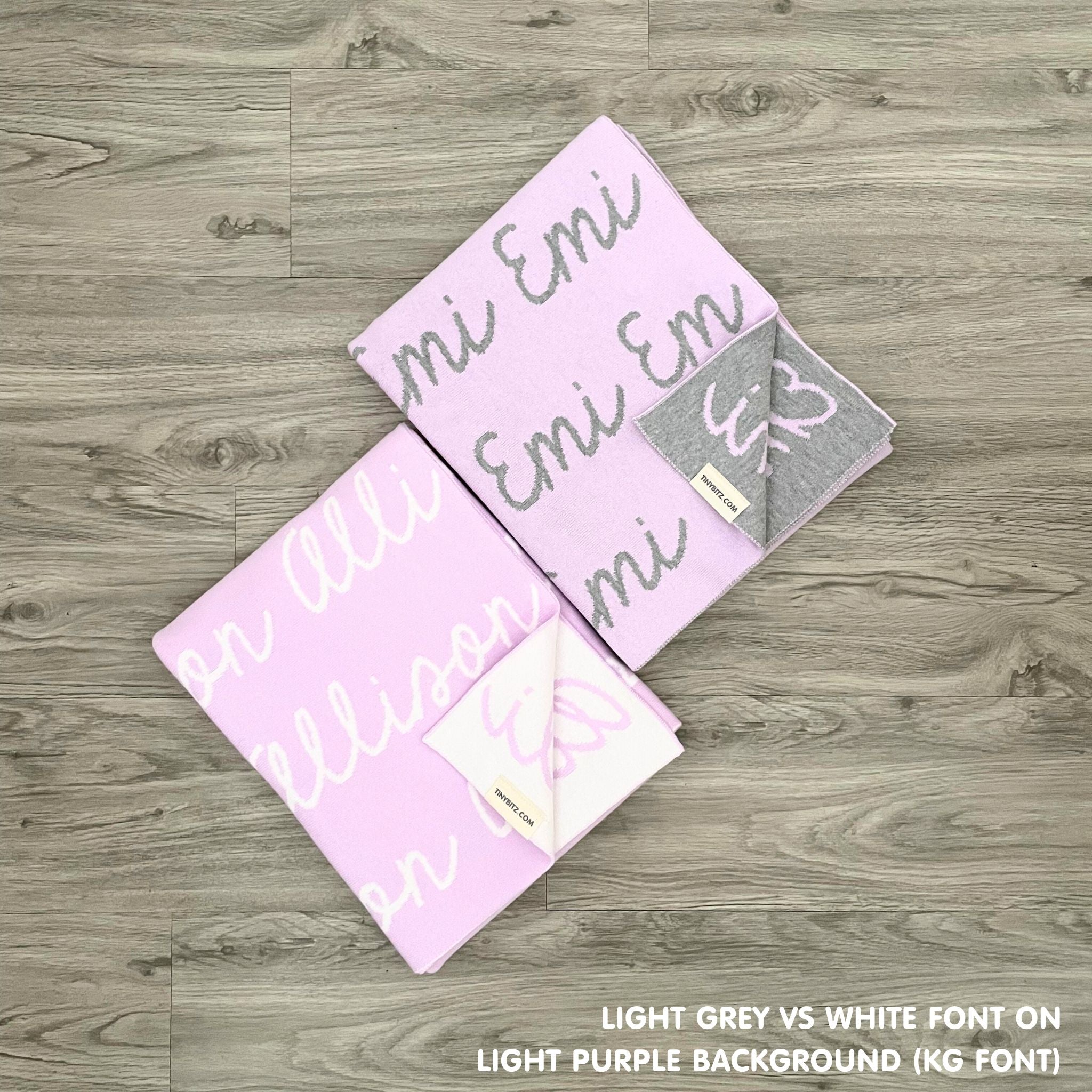 TinyBitz Kids Blanket in light purple background, personalized with child's name and made from 100% cotton.