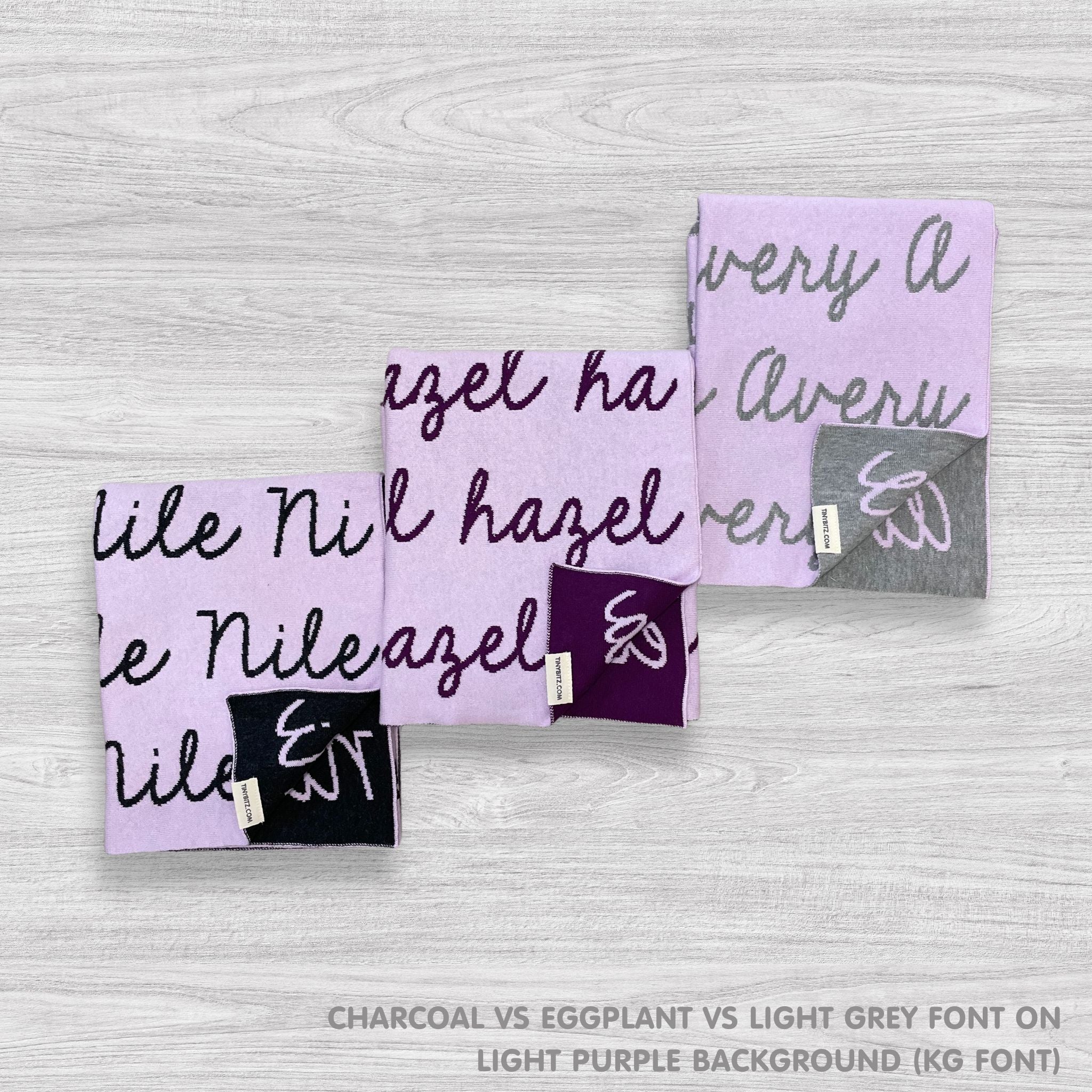 Knitted Children blanket in light purple background, customised with kid's name, made by TinyBitz.
