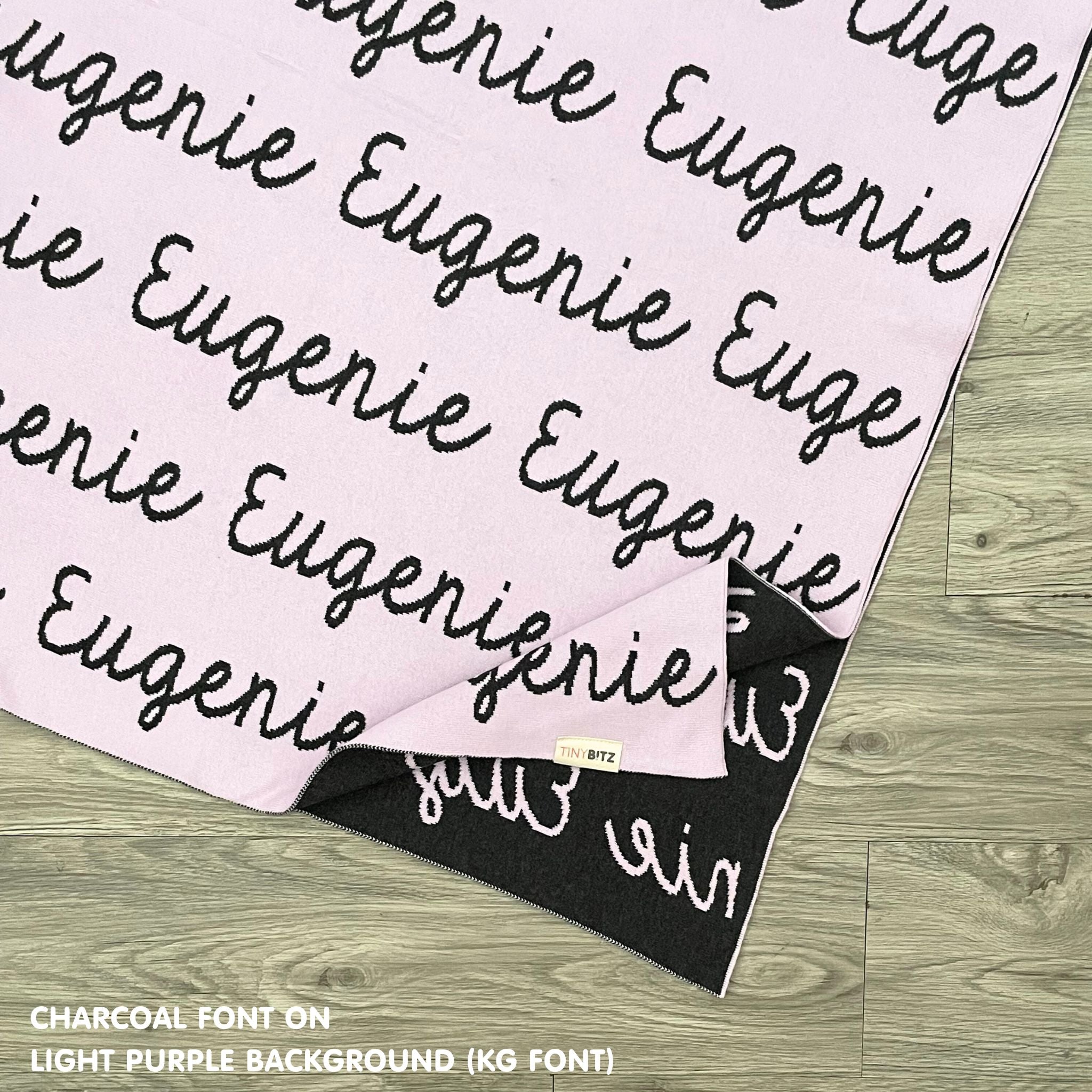 TinyBitz Kids Blanket in light purple and charcoal, personalized with child's name and made from 100% cotton.