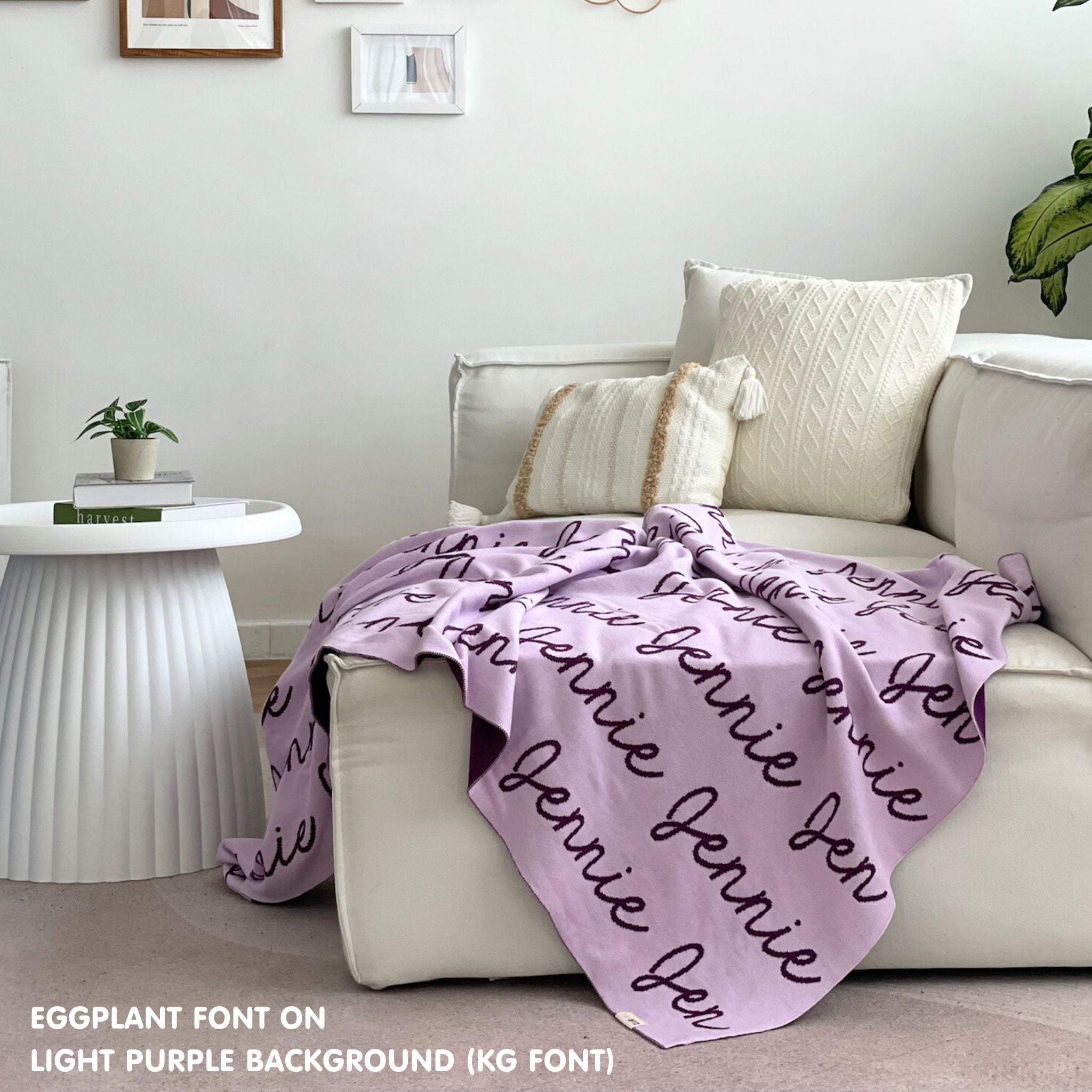 Knitted Children blanket in light purple and eggplant, customised with kid's name, made by TinyBitz.