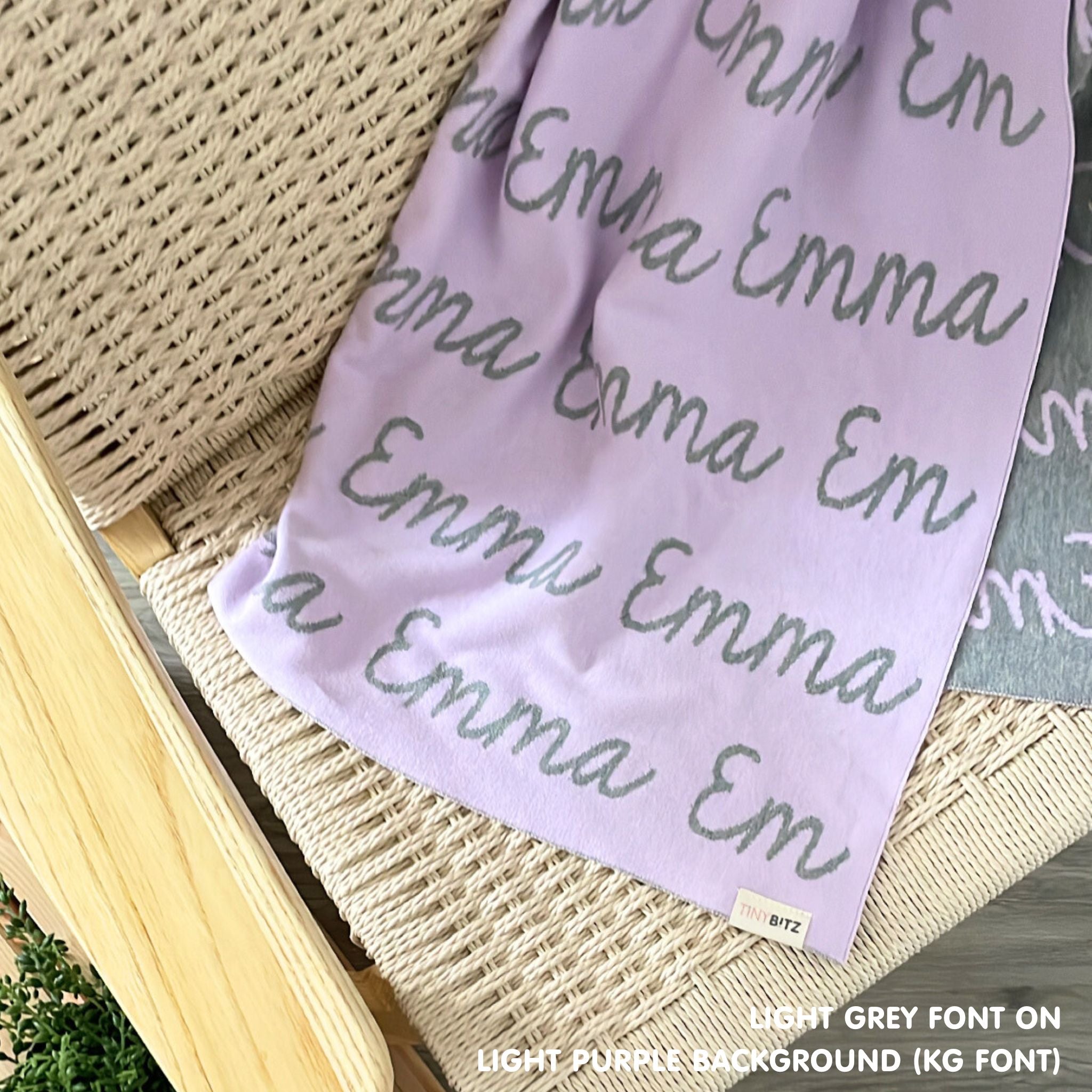 TinyBitz Personalized kids blanket in light purple and light grey, a keepsake gift for your child.