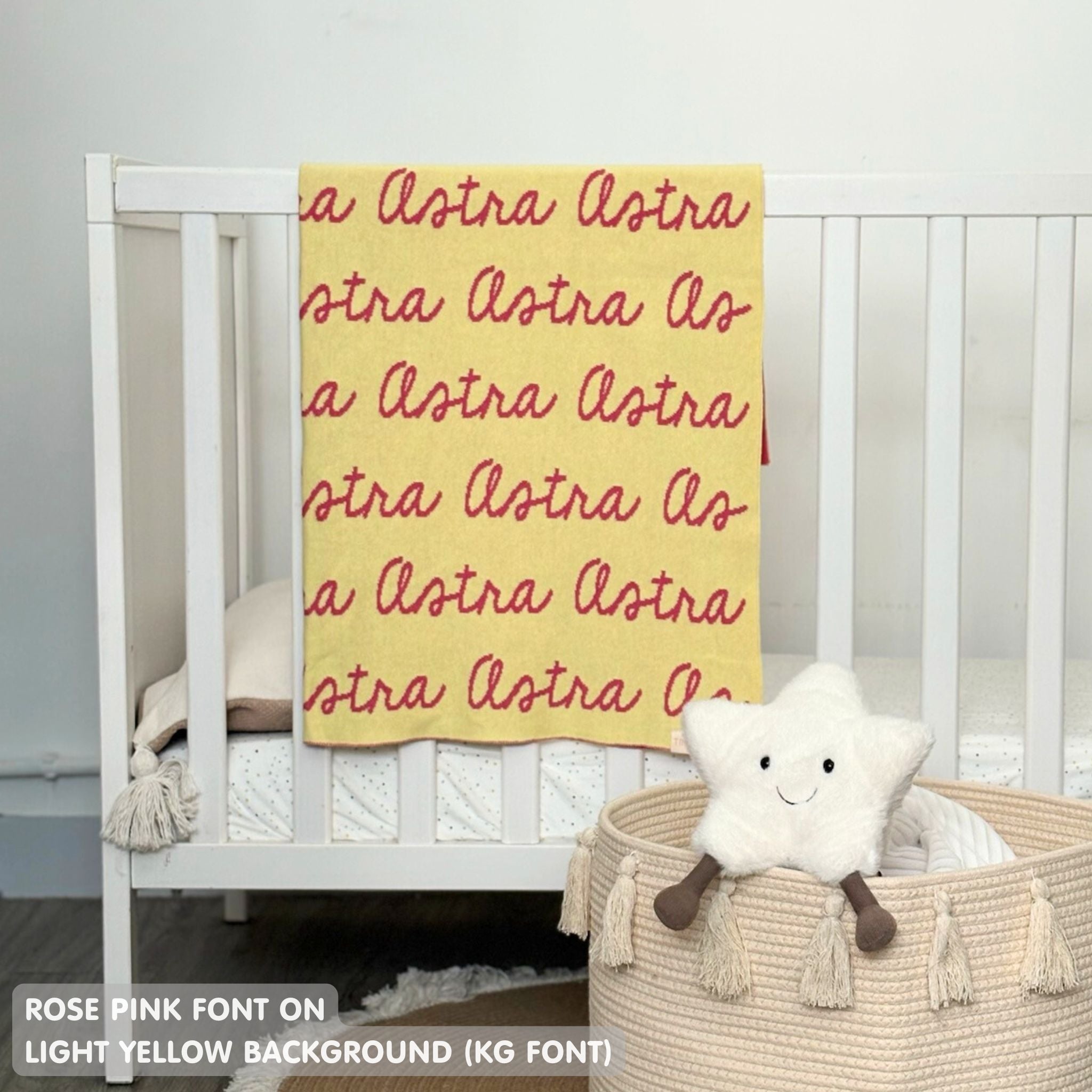 TinyBitz Personalized kids knitted name blanket in light yellow and rose pink, perfect as a birthday gifts for kids!