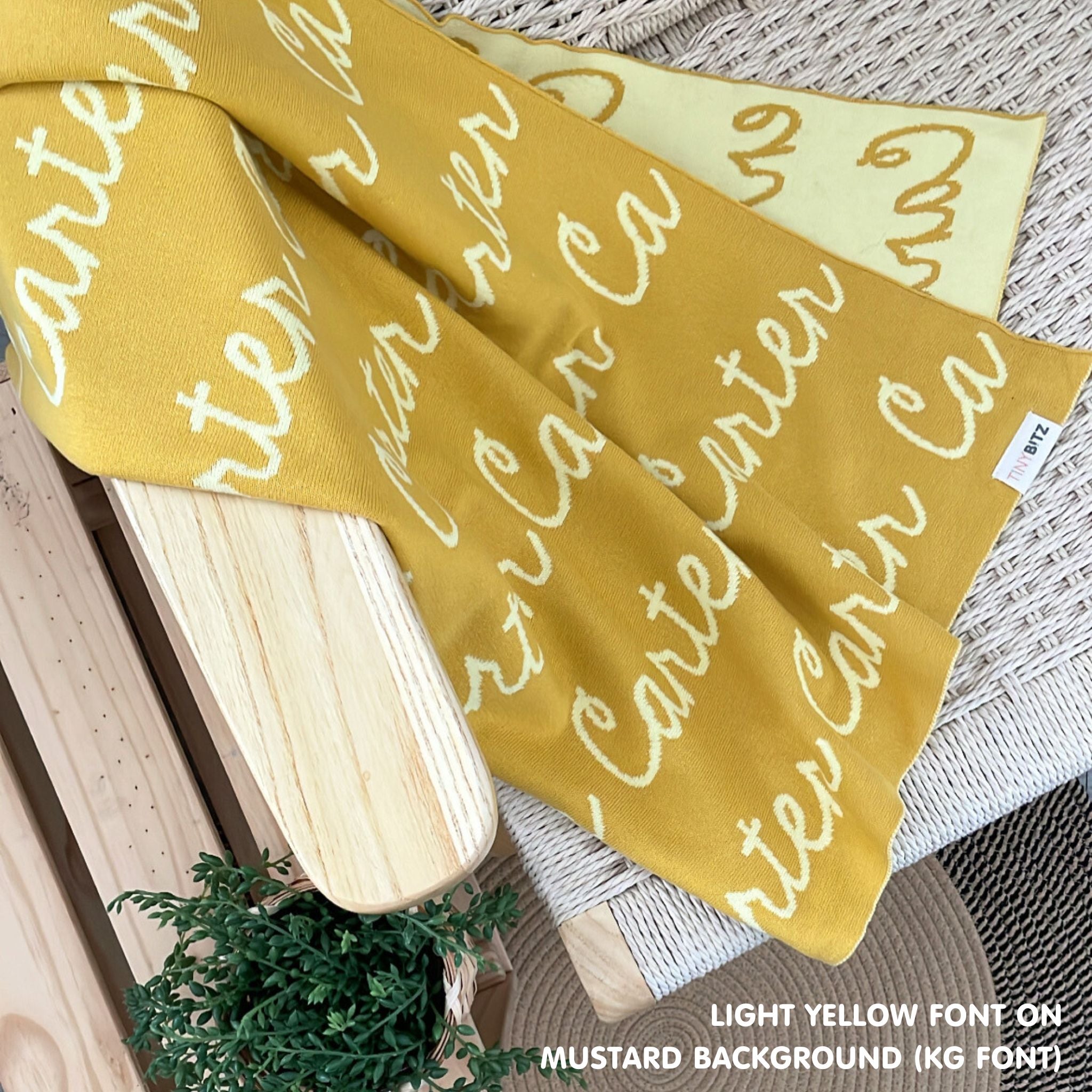 Custom cotton blanket for boys in mustard and light yellow, personalized by TinyBitz.