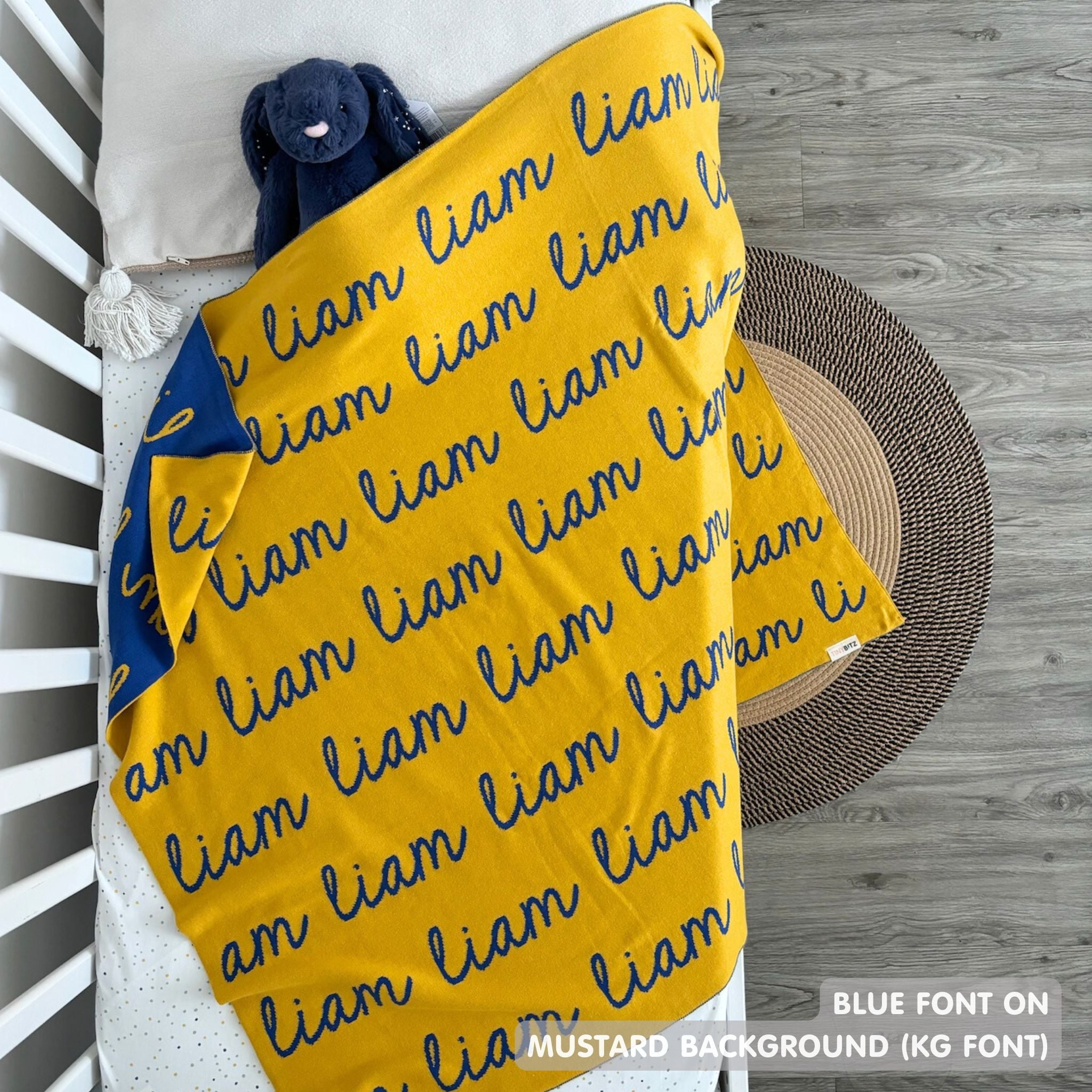 Knitted Children blanket in mustard and blue, customised with kid's name, made by TinyBitz.
