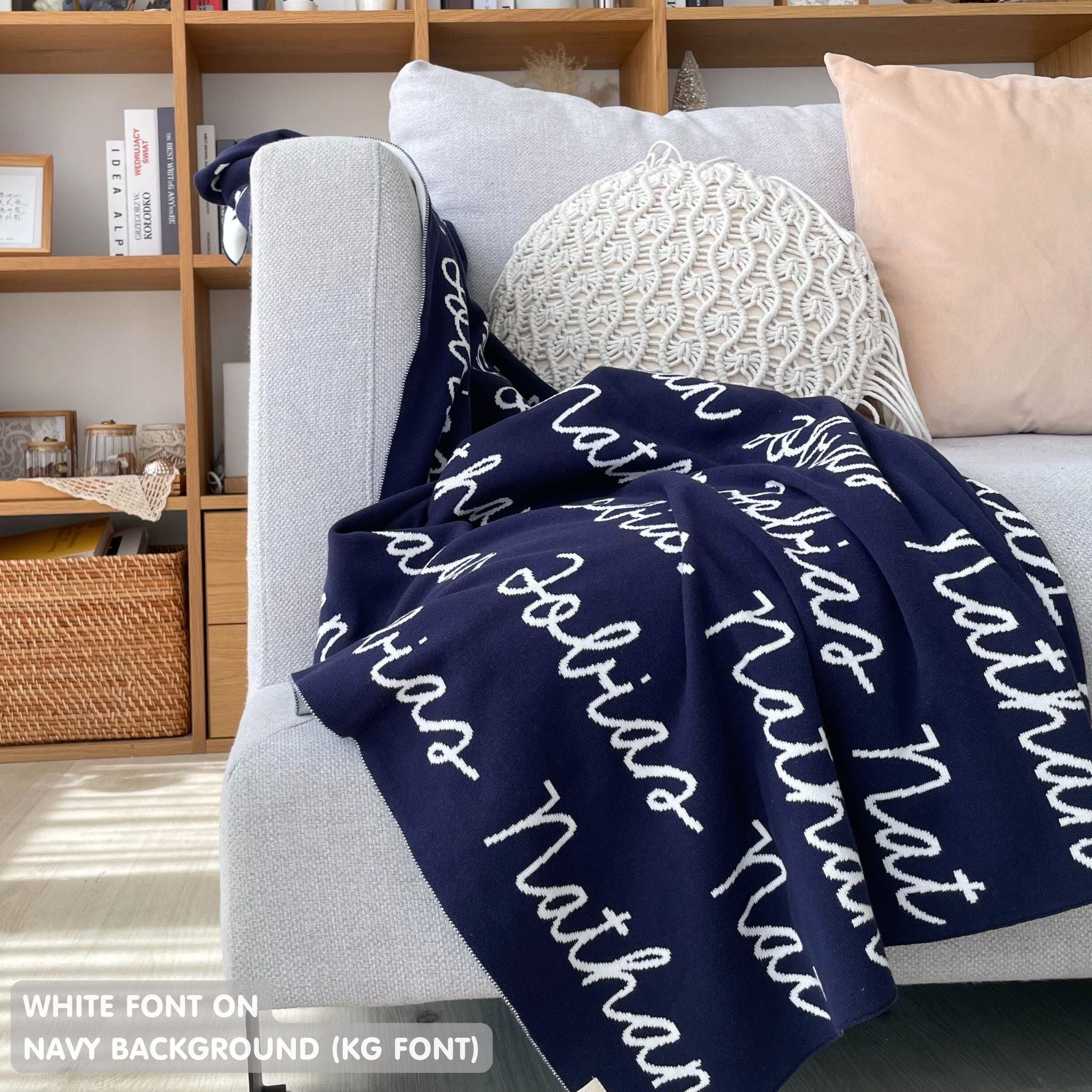 Custom cotton blanket for boys in navy and white, personalized by TinyBitz.