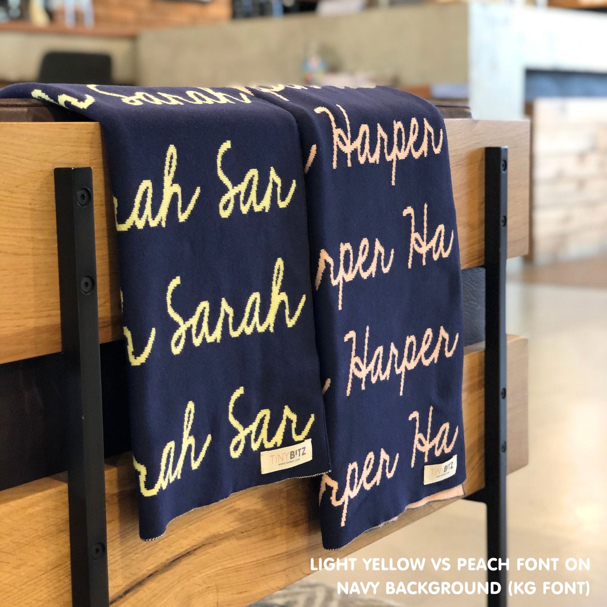 TinyBitz personalized knitted name blanket in navy, perfect gift for birthdays and special occasions!