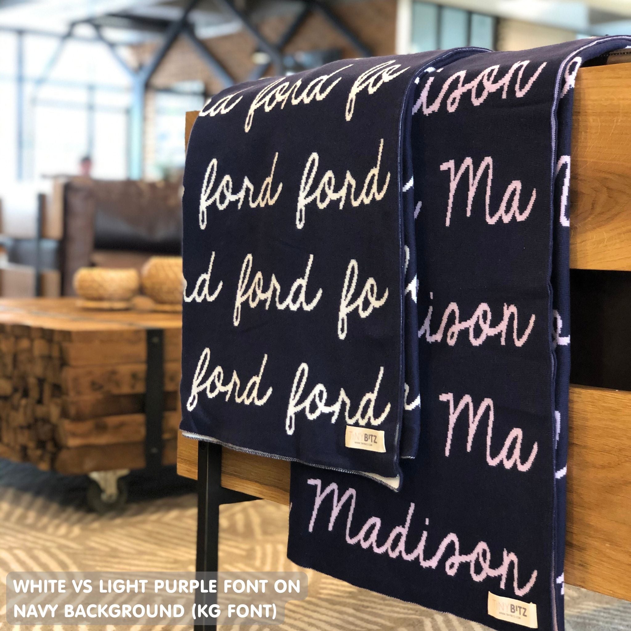 TinyBitz knitted cotton blanket in navy, personalized with your kid’s name.