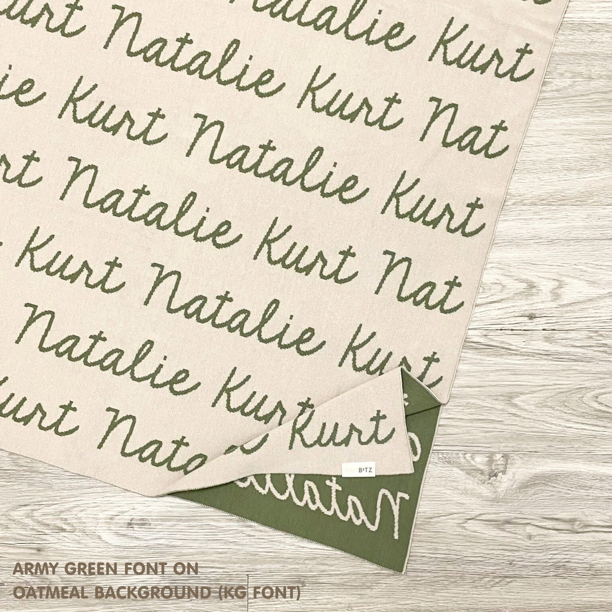 TinyBitz Kids Blanket in oatmeal and army green, personalized with child's name and made from 100% cotton.