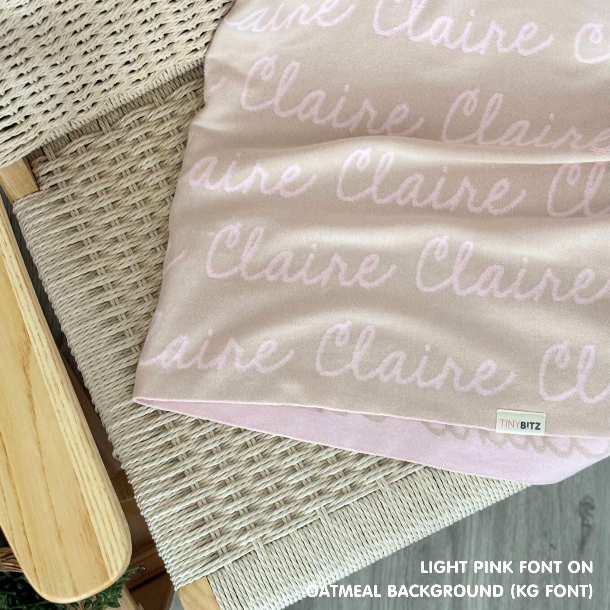 TinyBitz Personalized kids knitted name blanket in oatmeal and light pink, perfect as a birthday gifts for kids!