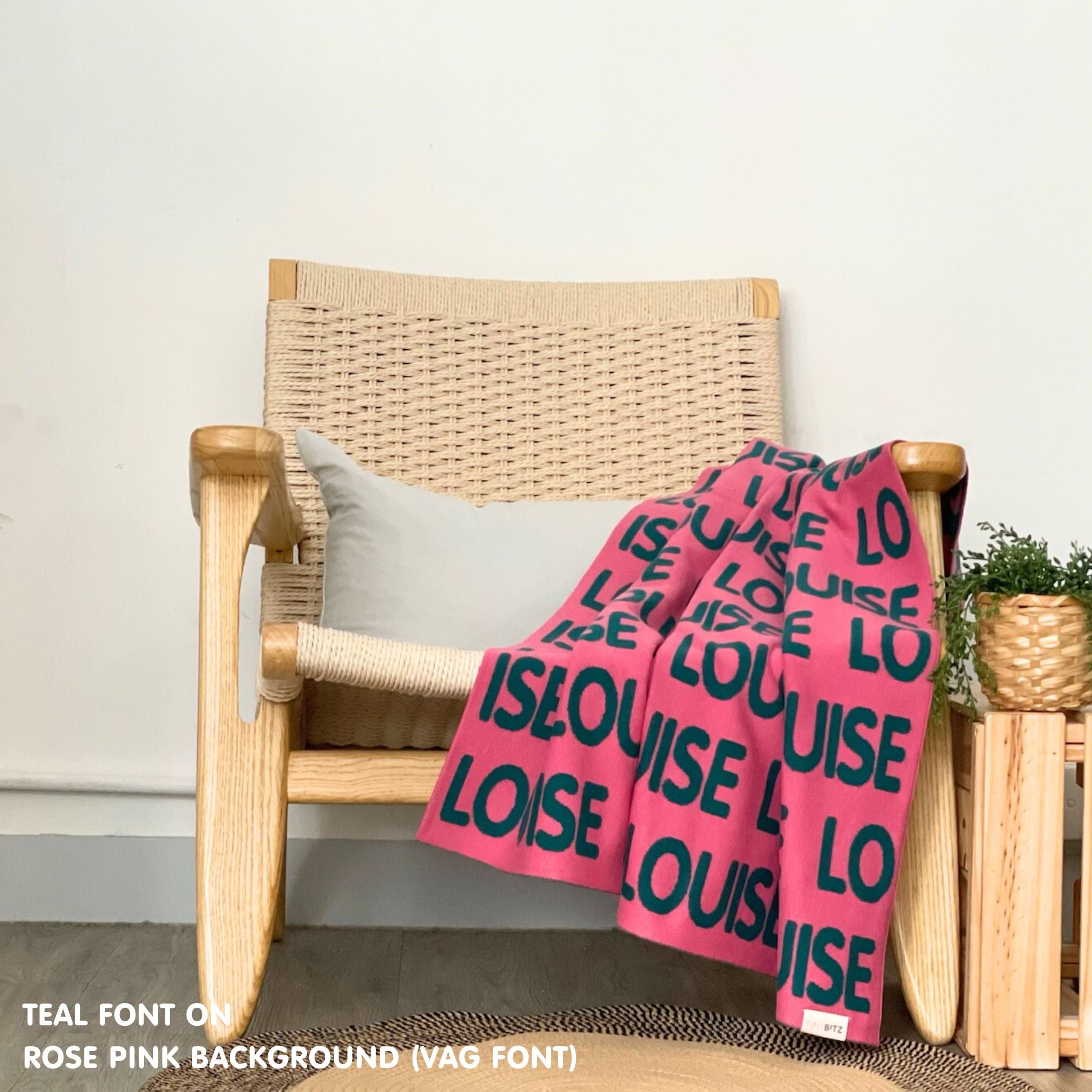 TinyBitz Personalized kids knitted name blanket in rose pink and teal, perfect as a birthday gifts for kids!