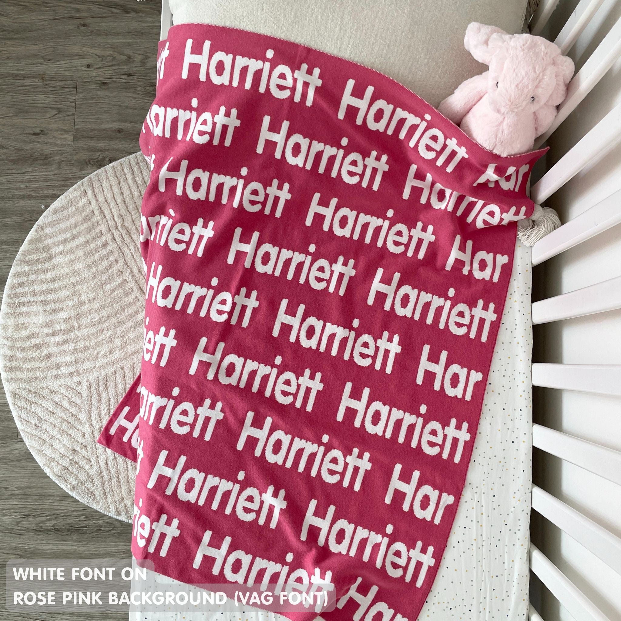 TinyBitz Kids Blanket in rose pink and white, personalized with child's name and made from 100% cotton.