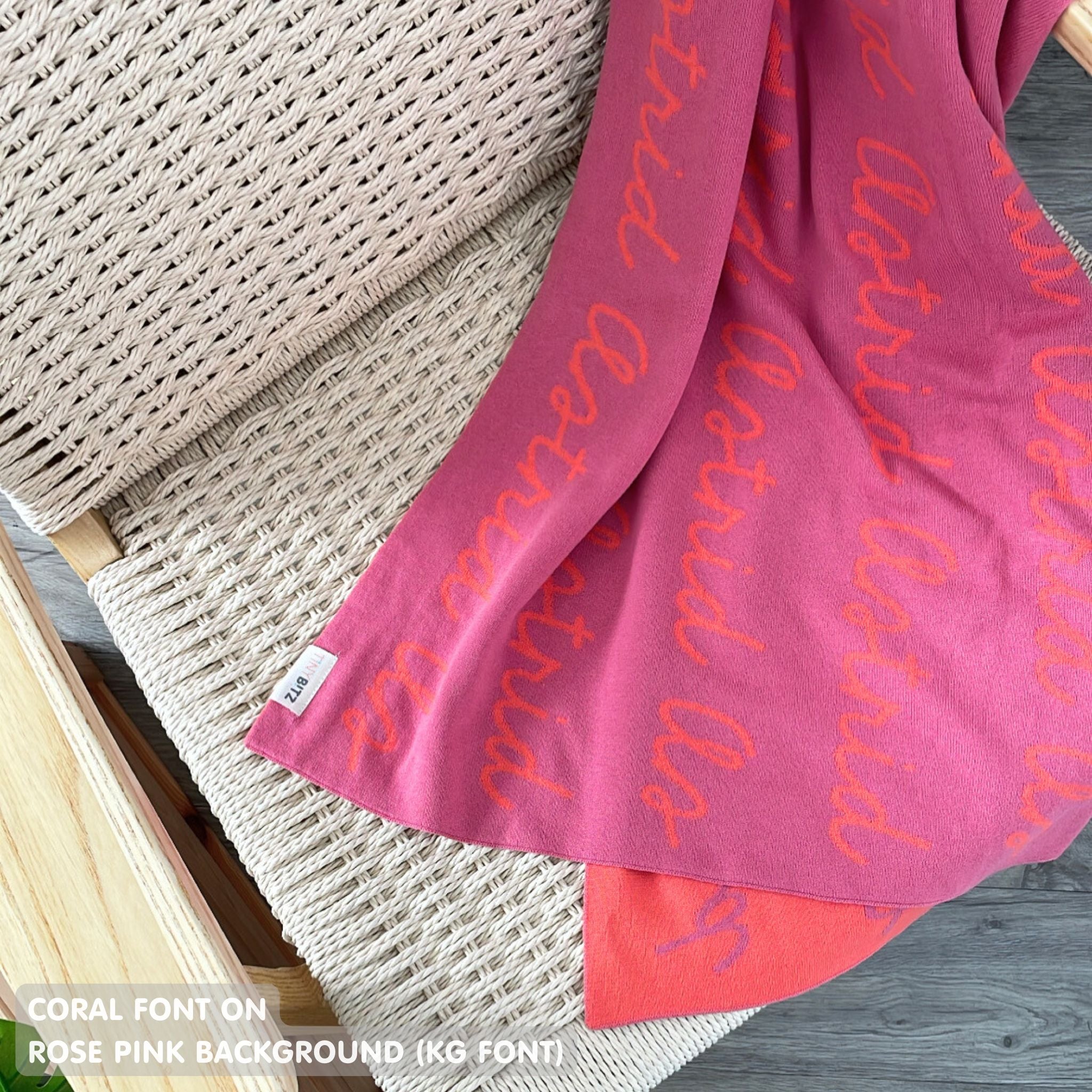 TinyBitz Kids Blanket in rose pink and coral, personalized with child's name and made from 100% cotton.