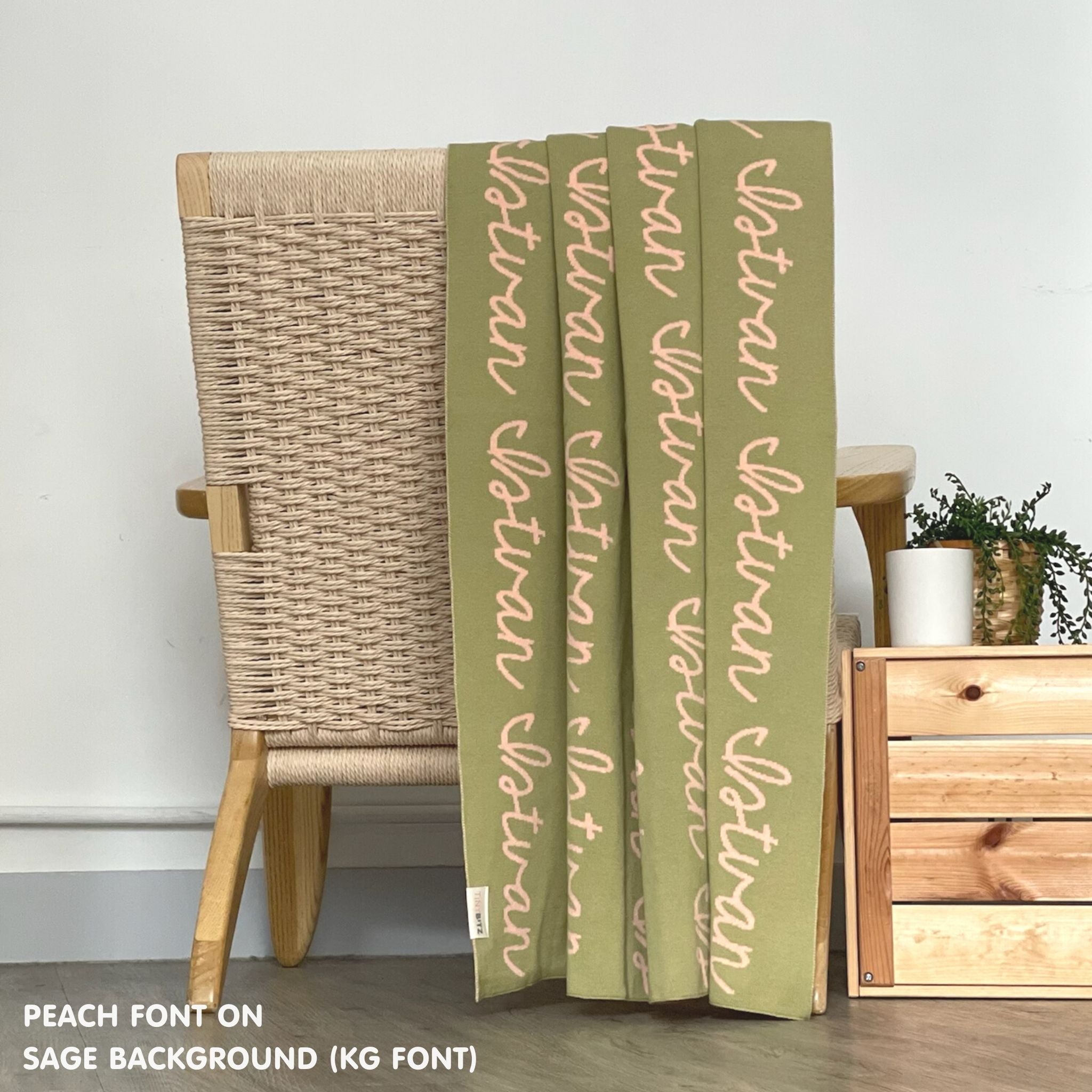 TinyBitz Personalized kids blanket in sage and peach, a keepsake gift for your child.