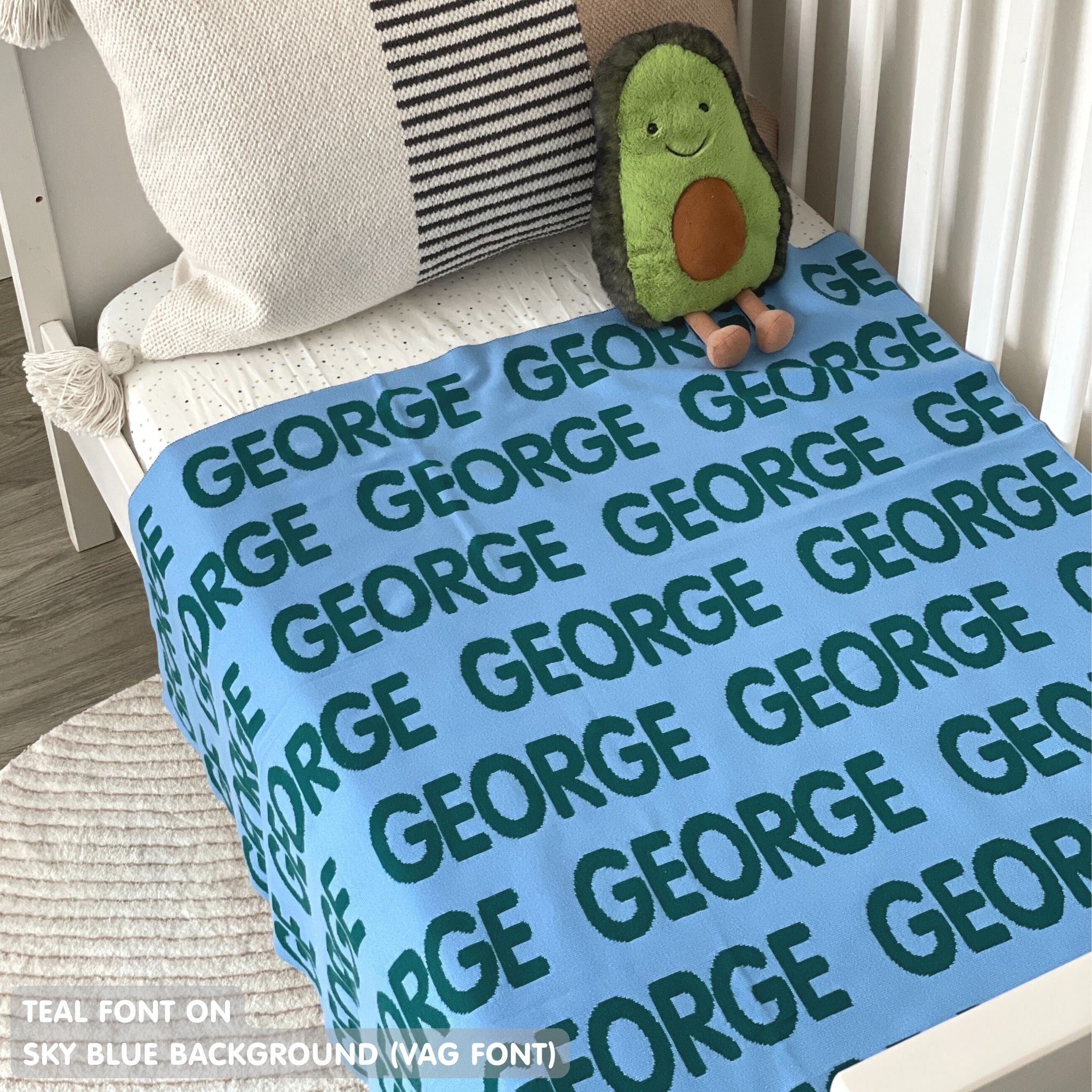 TinyBitz Personalized kids knitted name blanket in sky blue and teal, perfect as a birthday gifts for kids!