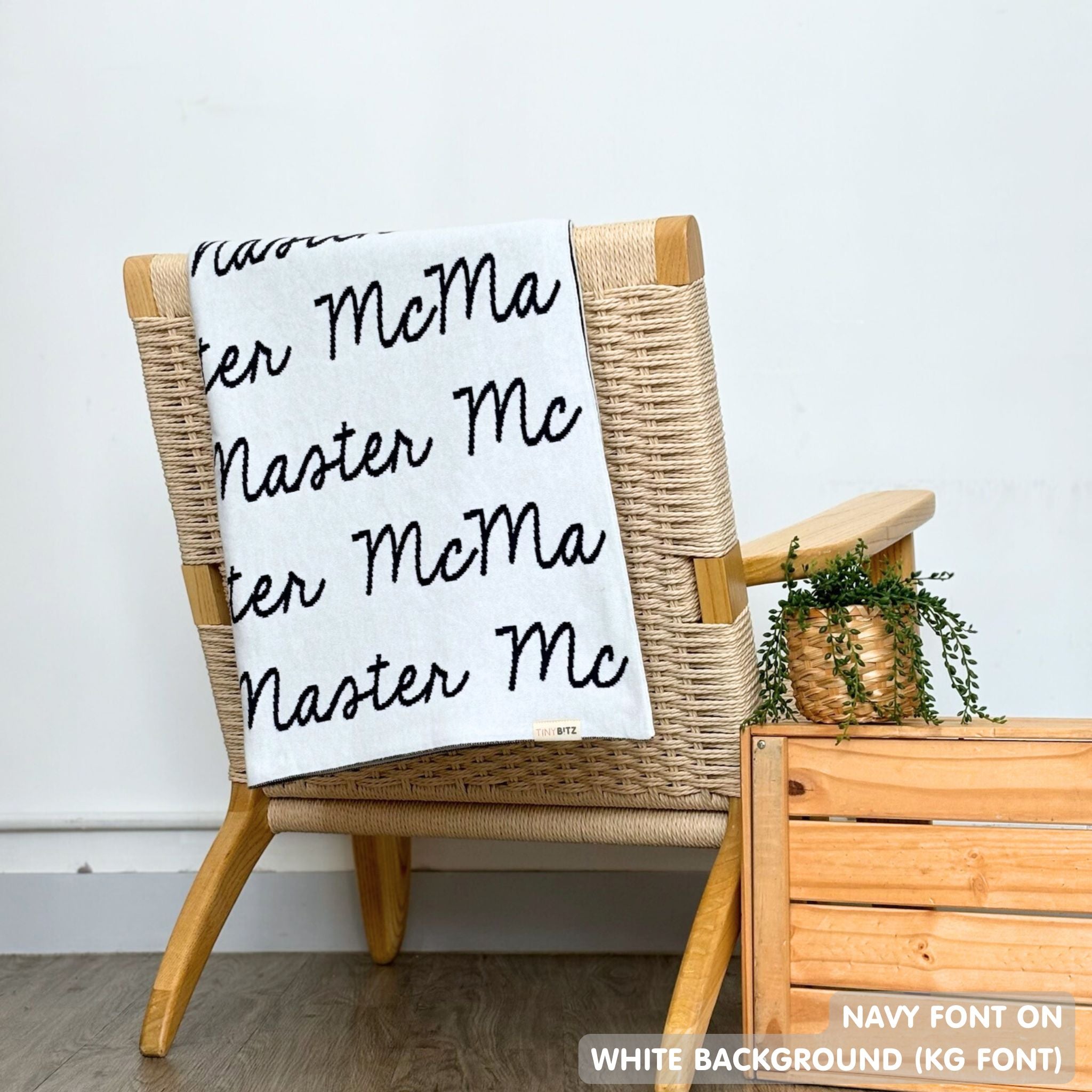 TinyBitz Personalized kids blanket in white and navy, a keepsake gift for your child.