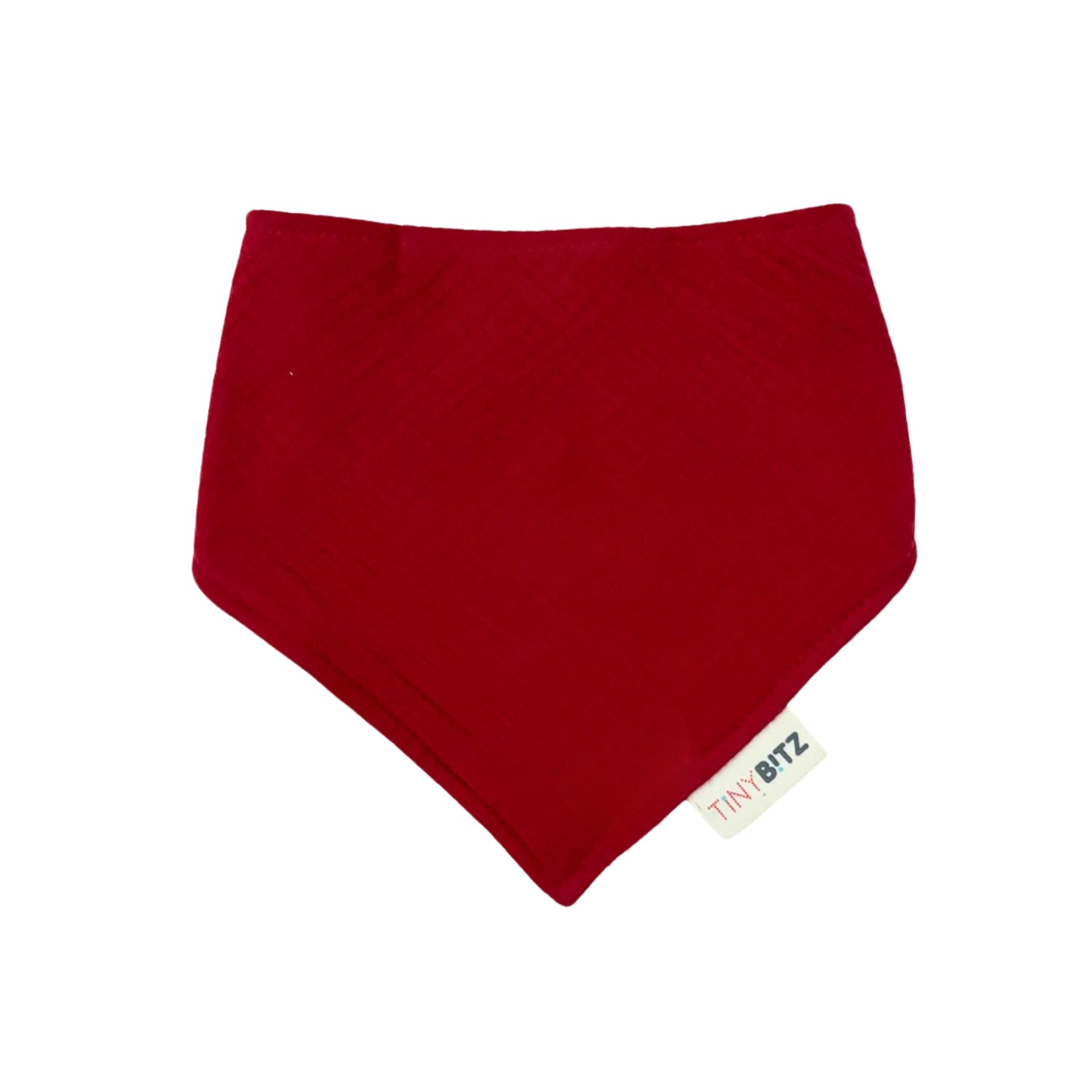 Red organic muslin bib, perfect for baby gifts and keepsake accessories.