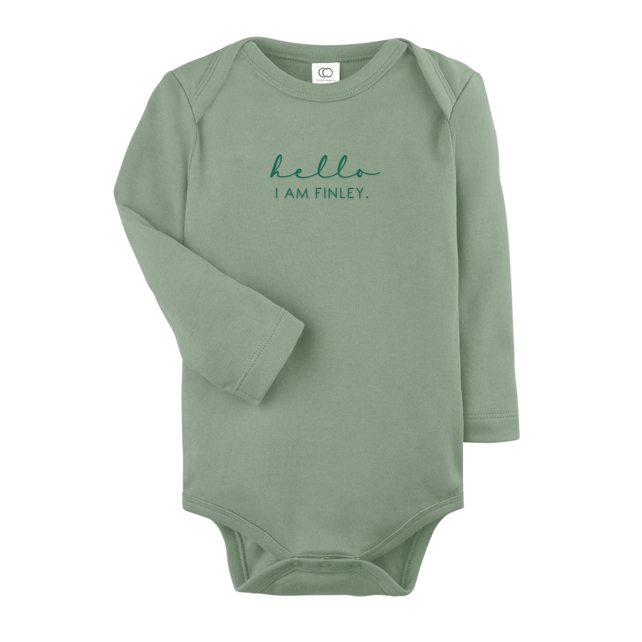 Custom name onesie in thyme, personalised baby clothing made with soft breathable fabric by TinyBitz.