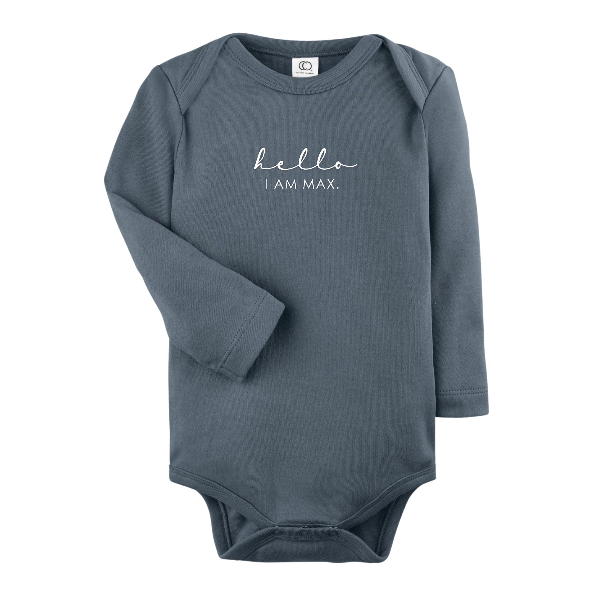 TinyBitz Custom baby onesie in harbour blue with name embroidery, unique outfit for baby’s birth announcement or first photoshoot.