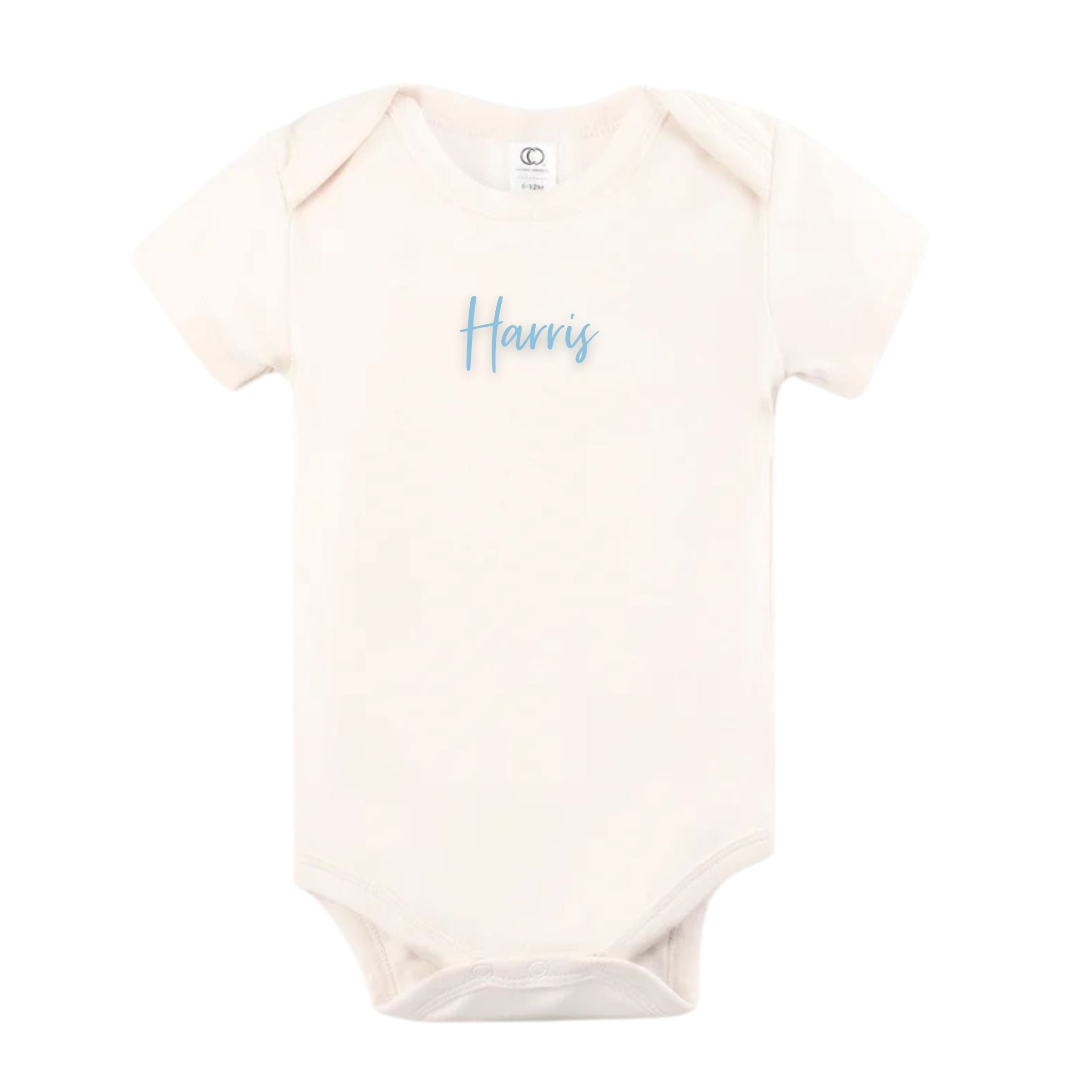 Minimalist personalised onesie in neutral tones with name embroidery, styled for newborn birth announcements by TinyBitz.