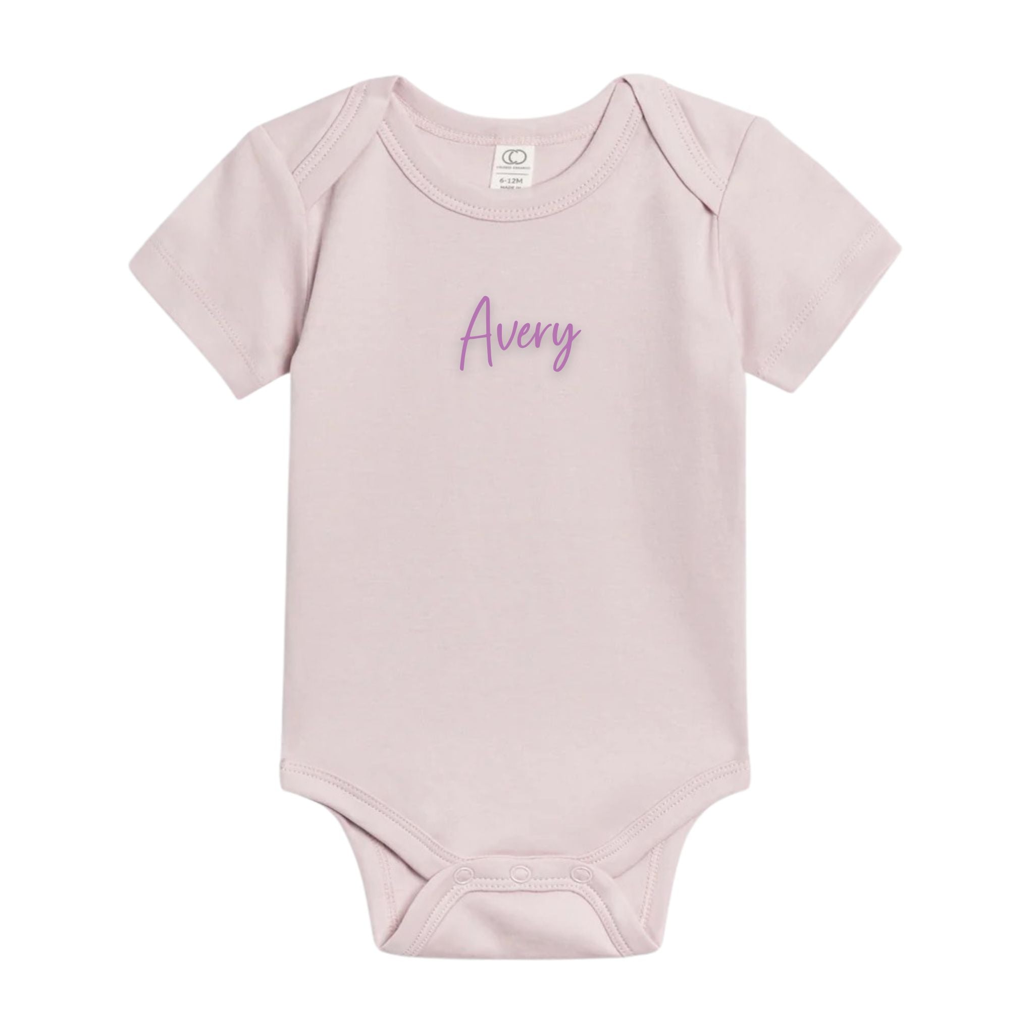 Organic cotton taro onesie for babies with embroidered name, personalized baby shower gift keepsake from TinyBitz.