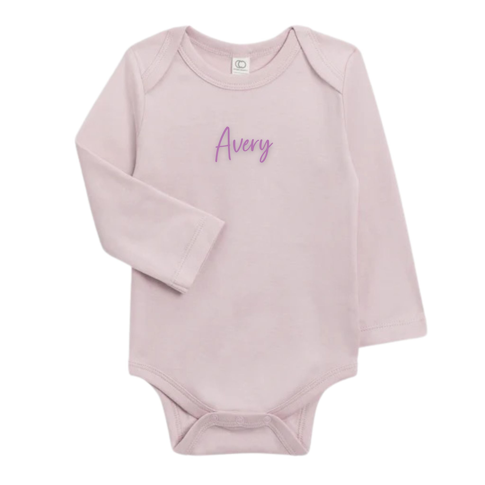 Neutral-tone personalised baby onesie featuring custom name, made-to-order newborn gift by TinyBitz.